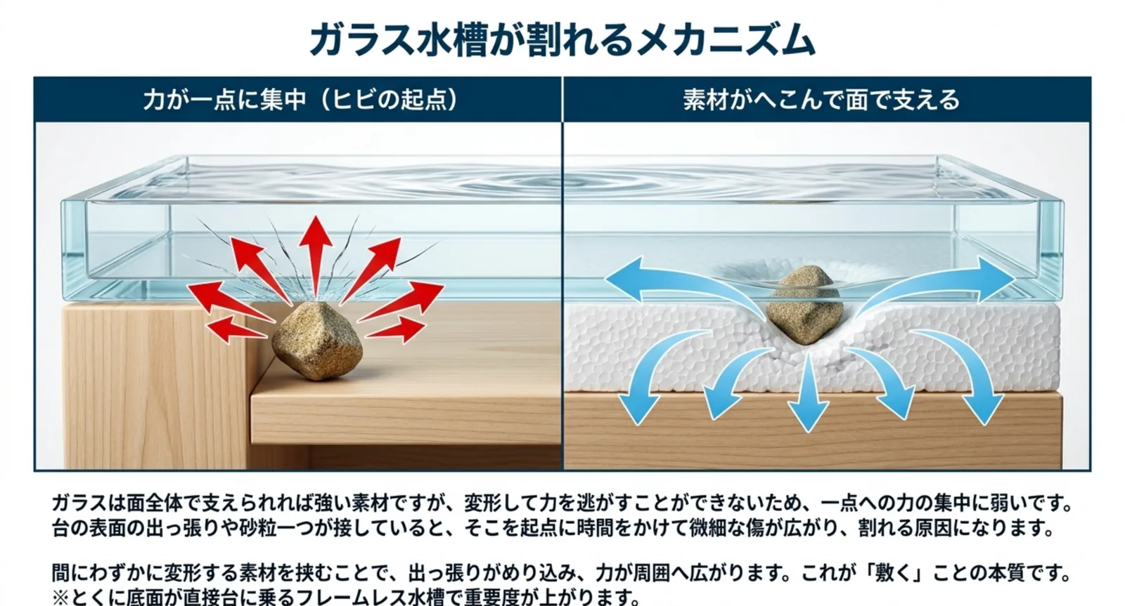 台の上の砂粒に力が集中してガラスにヒビが入る様子と、発泡スチロールに砂粒がめり込んで力が周囲へ広がる様子を左右で対比した図のスライド