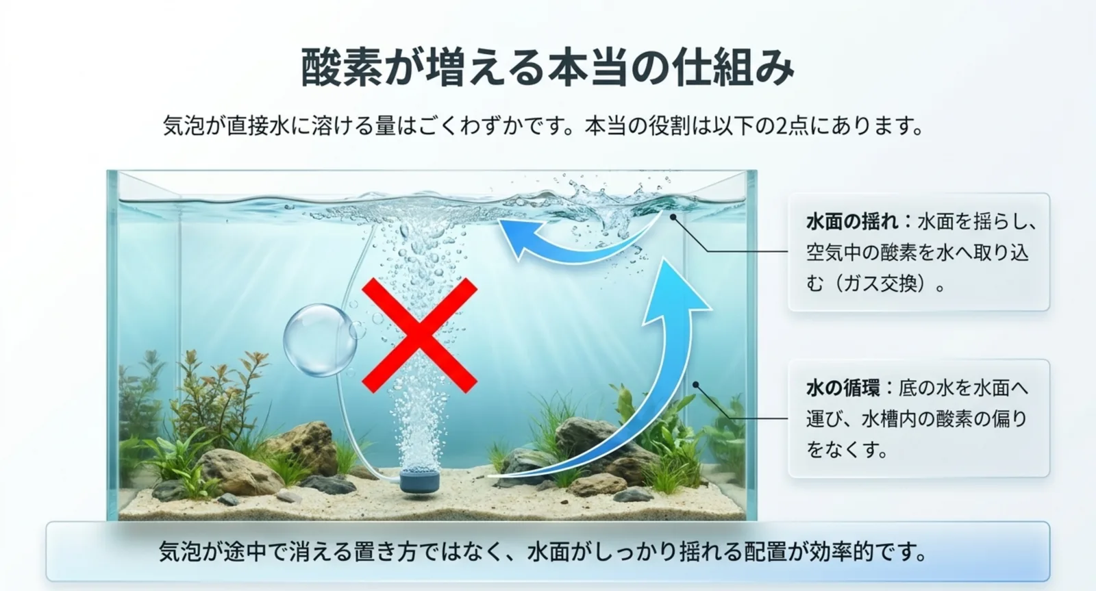 気泡が直接溶ける量はわずかで、水面の揺れによるガス交換と底の水を運ぶ循環が酸素供給の本体であることを水槽の図で示したスライド