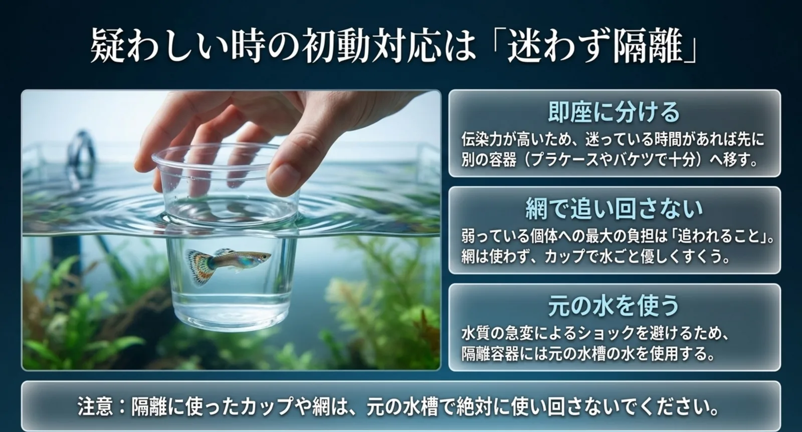 別容器へすぐ移す、網で追い回さずカップで水ごとすくう、元の水槽の水を使うという隔離の手順を、カップですくう写真とともに示した図