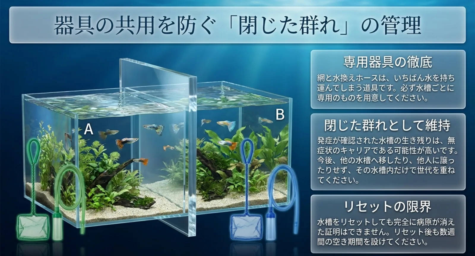 水槽ごとに網とホースを専用で用意し、発症した水槽は閉じた群れとして維持するという管理方法を、2つの水槽の図で示した図