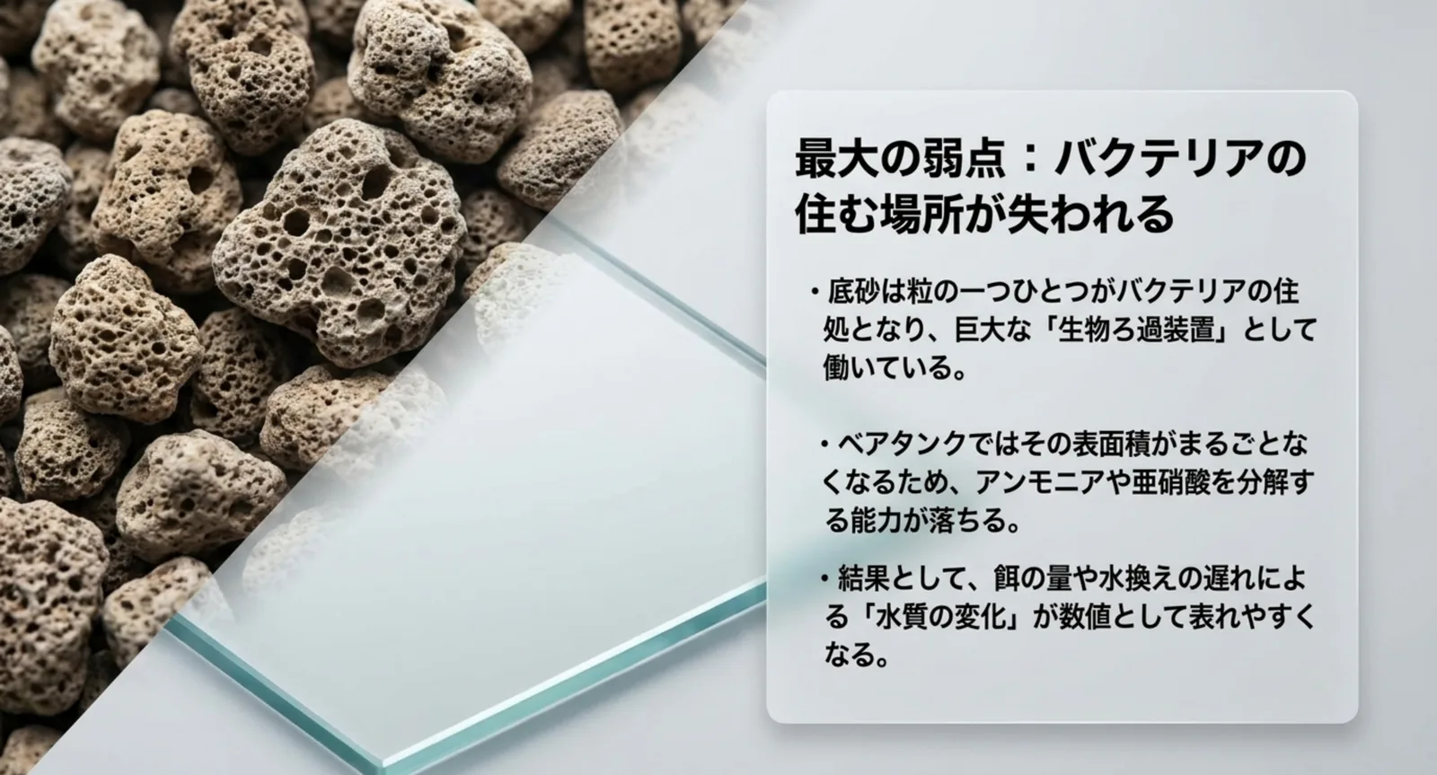 多孔質な底砂とガラス面を並べ、バクテリアの住む表面積の差を示した図版
