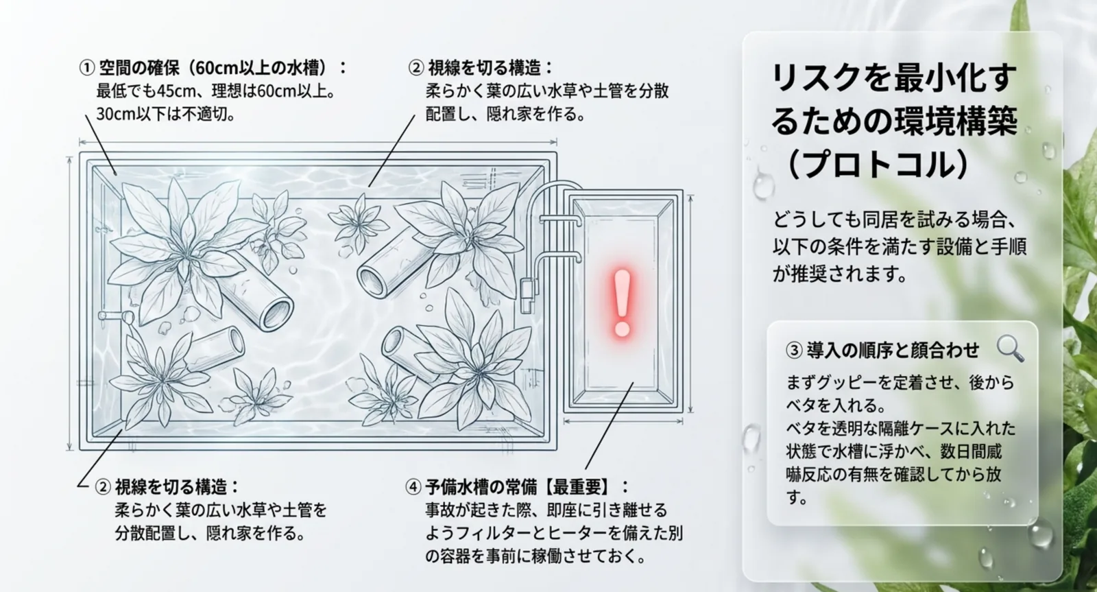60cm以上の水槽・視線を切る隠れ家の分散配置・予備水槽の常備・隔離ケースでの顔合わせという条件を水槽の設計図で示した図