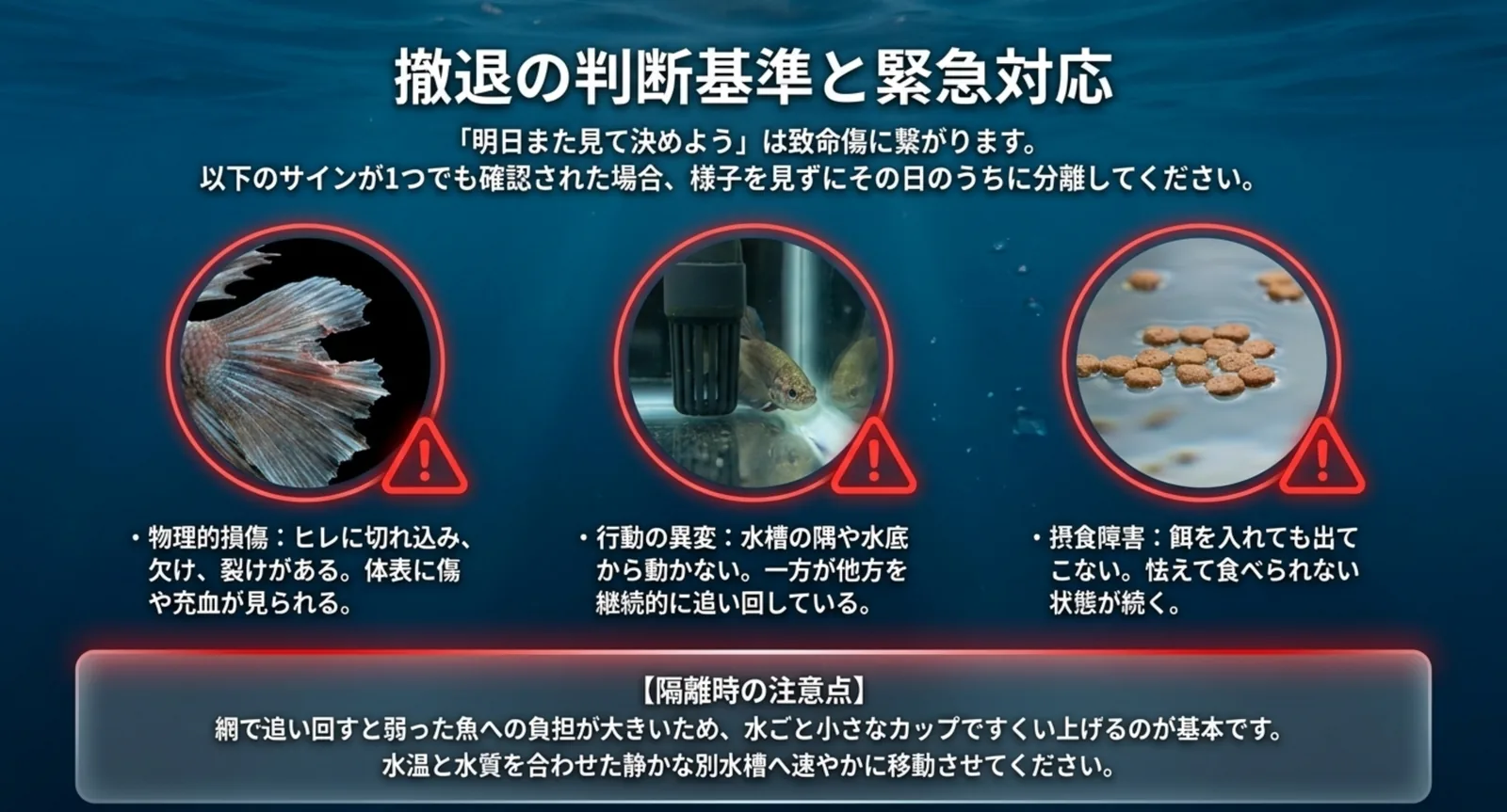ヒレの切れ込みなどの物理的損傷、隅から動かないなどの行動の異変、餌を食べられない摂食障害という3つの撤退サインを示した図