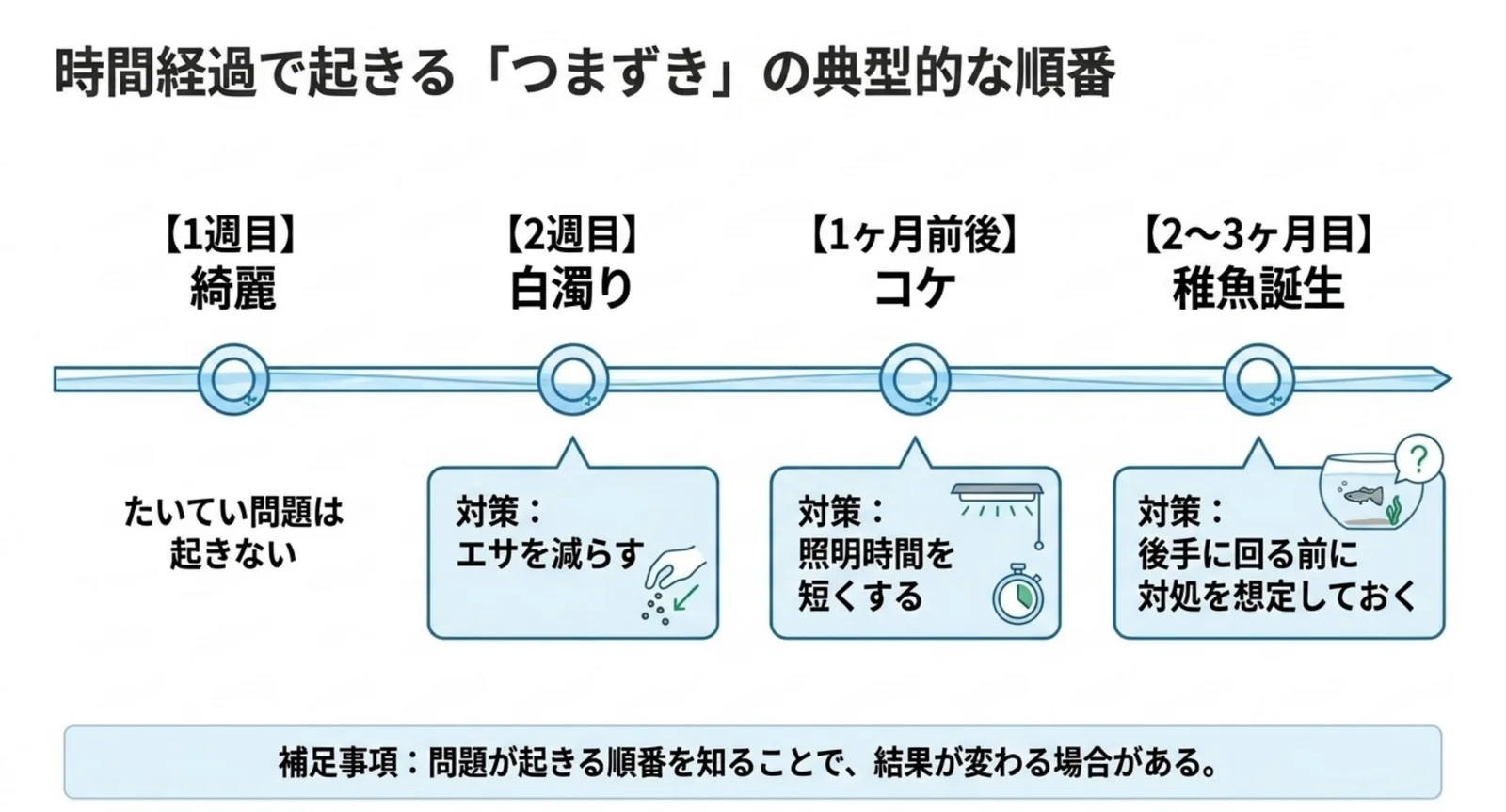 1週目は綺麗、2週目に白濁り、1か月前後でコケ、2〜3か月目に稚魚誕生という時間経過と各段階の対策を並べたスライド