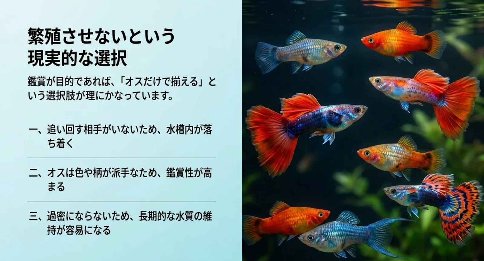 色鮮やかなグッピーとプラティのオスが並ぶ写真に、追い回しがなくなる・鑑賞性が高い・過密になりにくいという3つの利点を添えた図