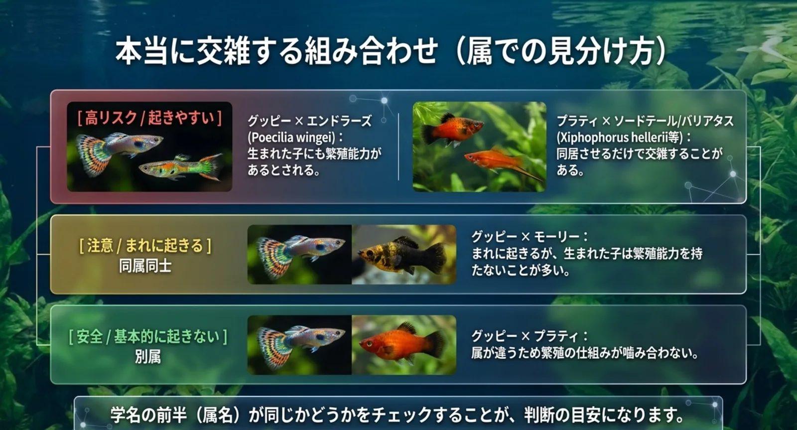起きやすい組み合わせ、まれに起きる組み合わせ、起きない組み合わせを三段に分けた比較図