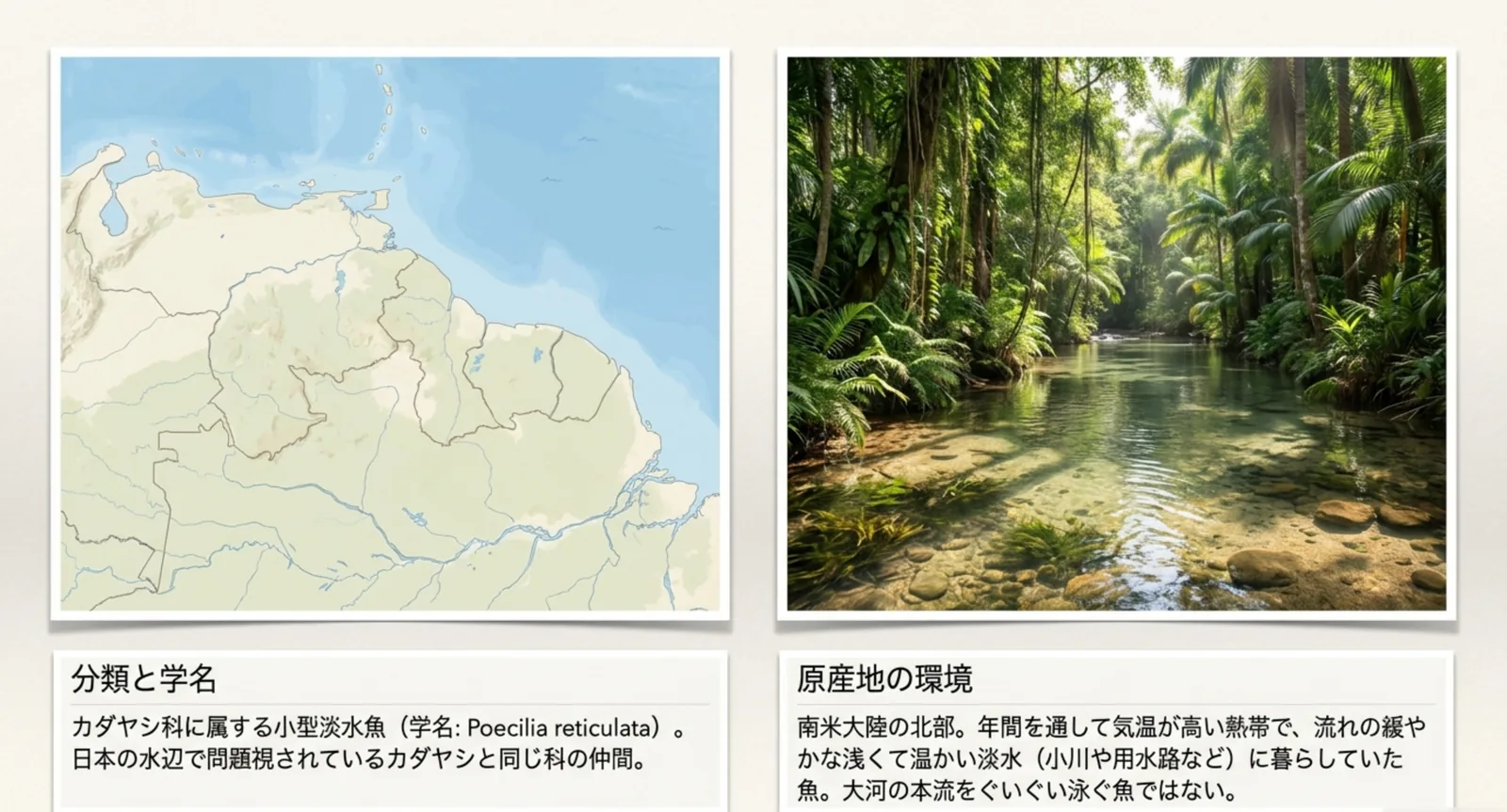 南米北部の地図と熱帯の小川の写真を並べ、カダヤシ科という分類と原産地の環境を示したスライド