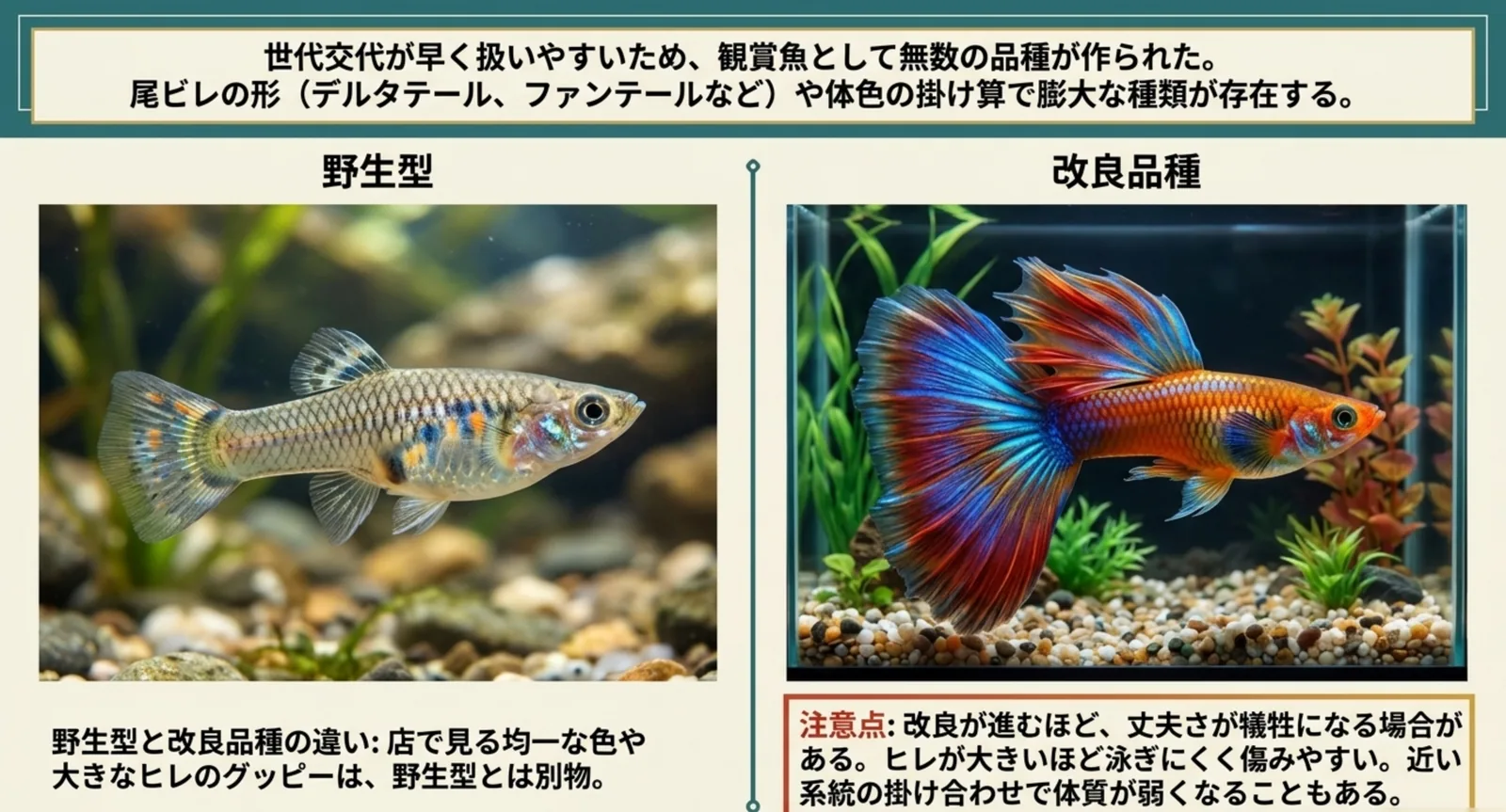 地味な野生型のグッピーと大きなヒレを持つ改良品種を並べ、改良が進むほど丈夫さが犠牲になる場合があることを示したスライド