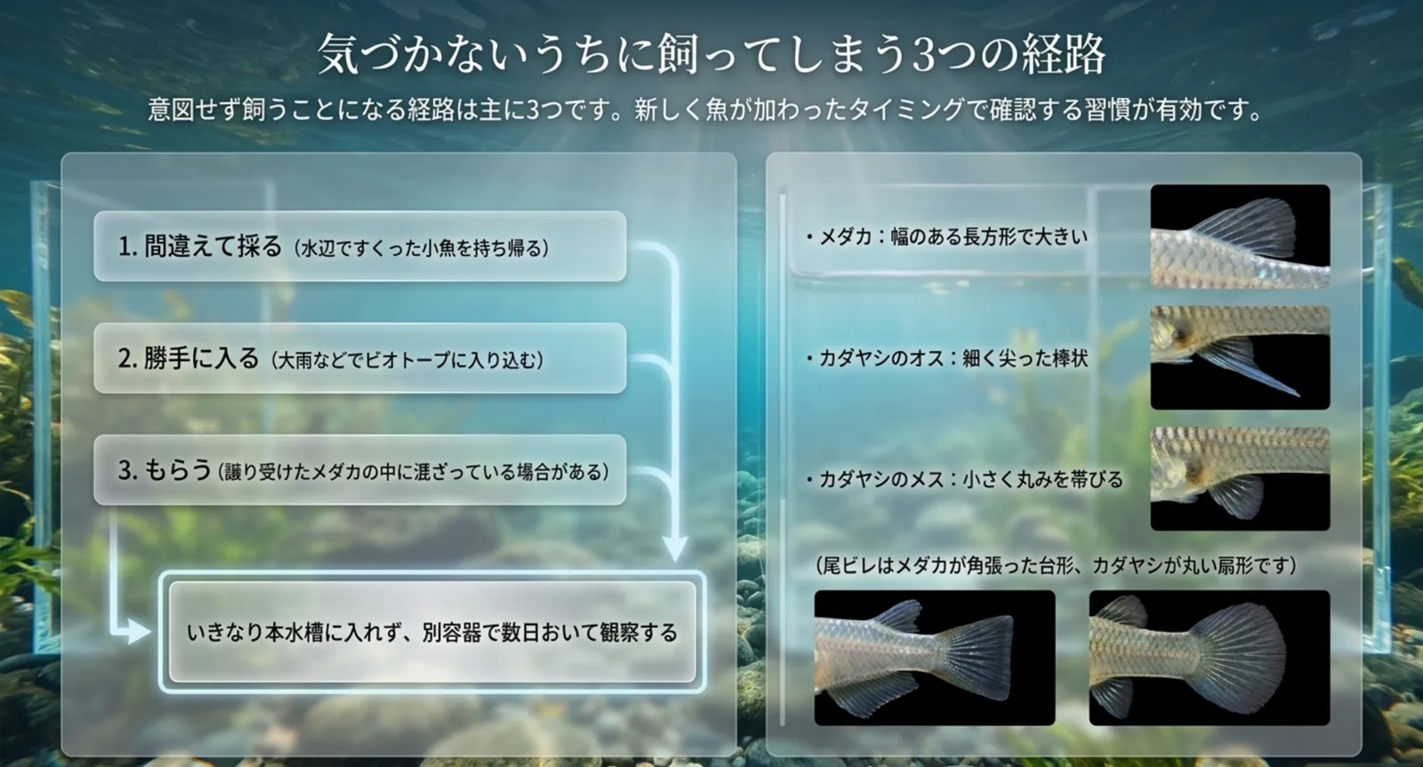 間違えて採る・勝手に入る・もらうという3つの経路と、別容器で数日おいて観察する対策、あわせて尻ビレと尾ビレの形の違いを示したスライド