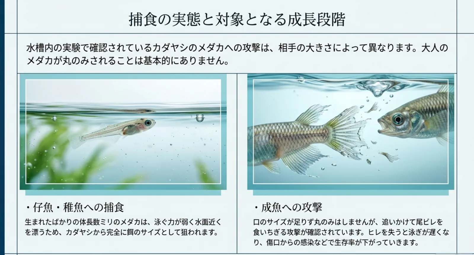 仔魚や稚魚は捕食され、成魚は尾ビレを食いちぎられるという二つの被害を左右に並べて示したスライド
