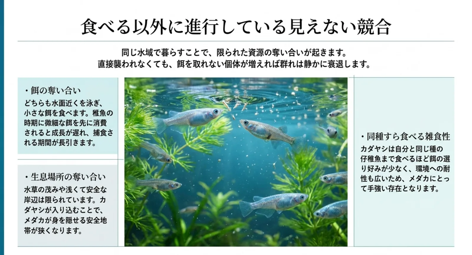 餌の奪い合い、生息場所の奪い合い、同種すら食べる雑食性という三つの競合要因を並べたスライド