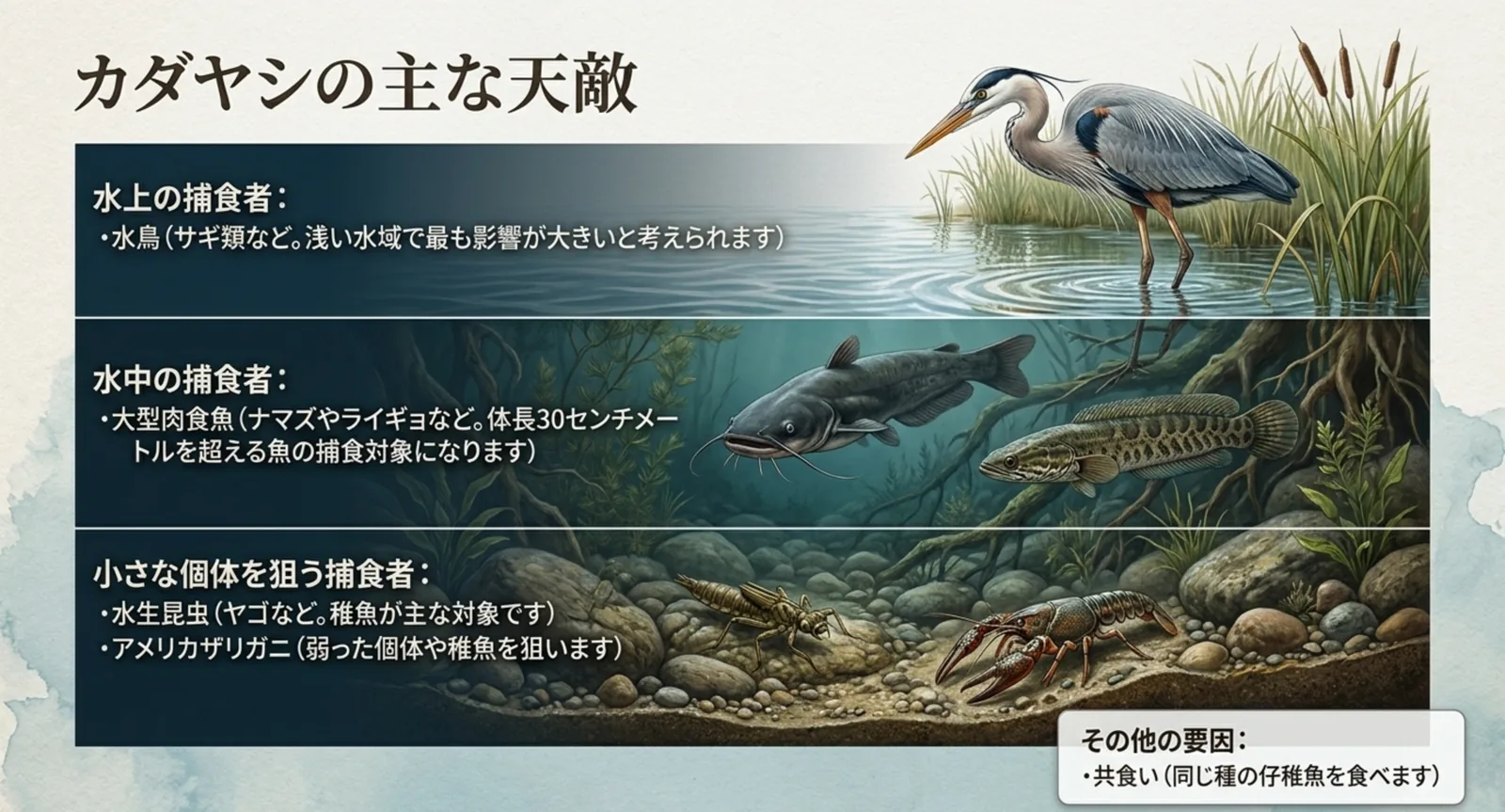 水鳥、大型肉食魚、水生昆虫やザリガニという捕食者を水上・水中・水底の三層に分けて示したスライド