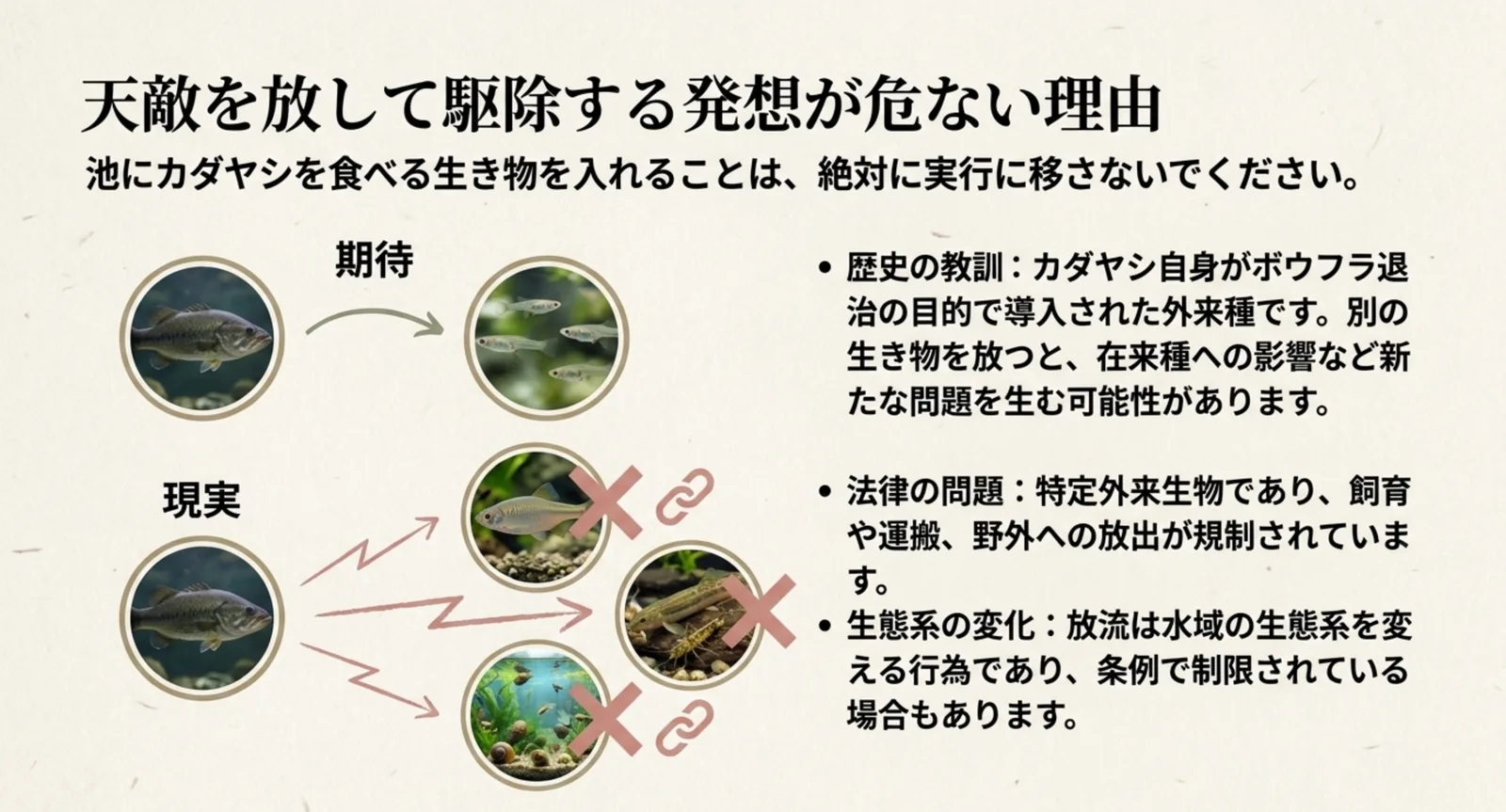 天敵を放しても期待どおりにならず、歴史・法律・生態系の三つの問題が生じることを示したスライド