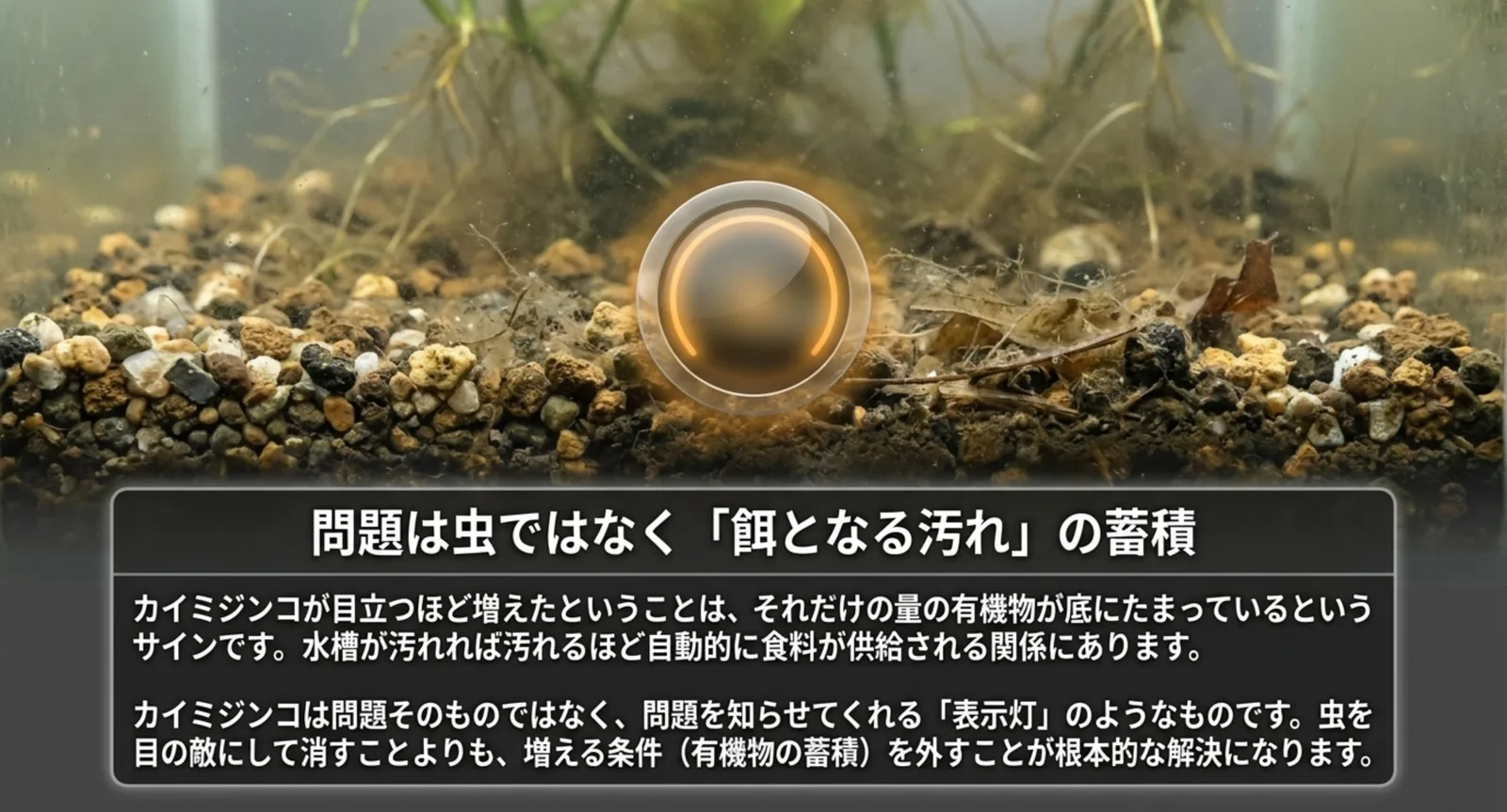 カイミジンコの大量発生が有機物の蓄積を知らせる表示灯であることを説明したスライド