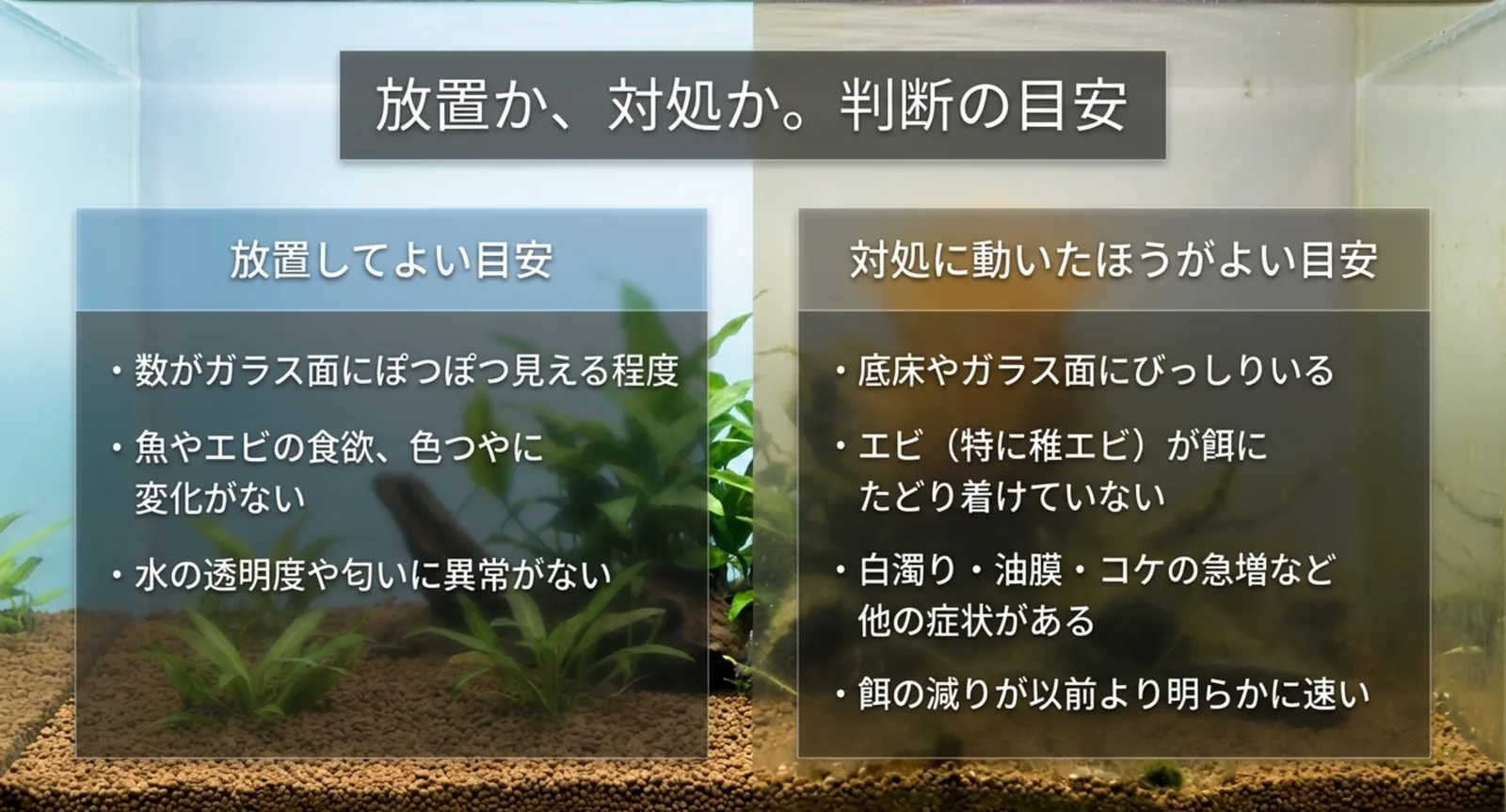 放置してよい場合と対処に動いたほうがよい場合の目安を左右に並べて比較したスライド