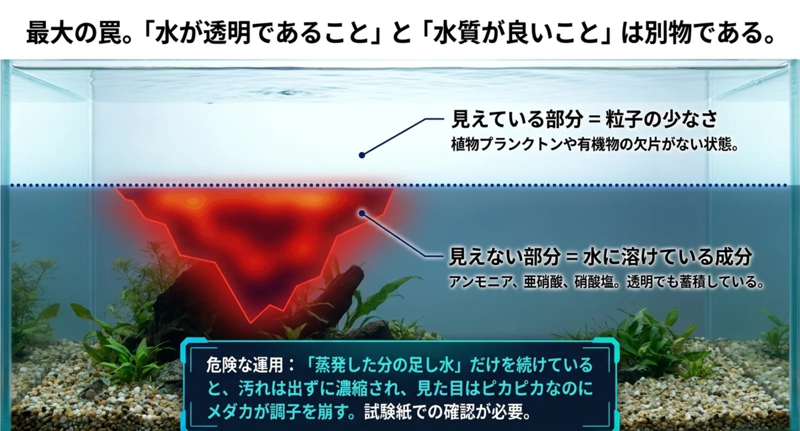 目に見える浮遊粒子と、目に見えない溶存成分を対比した水槽の図解