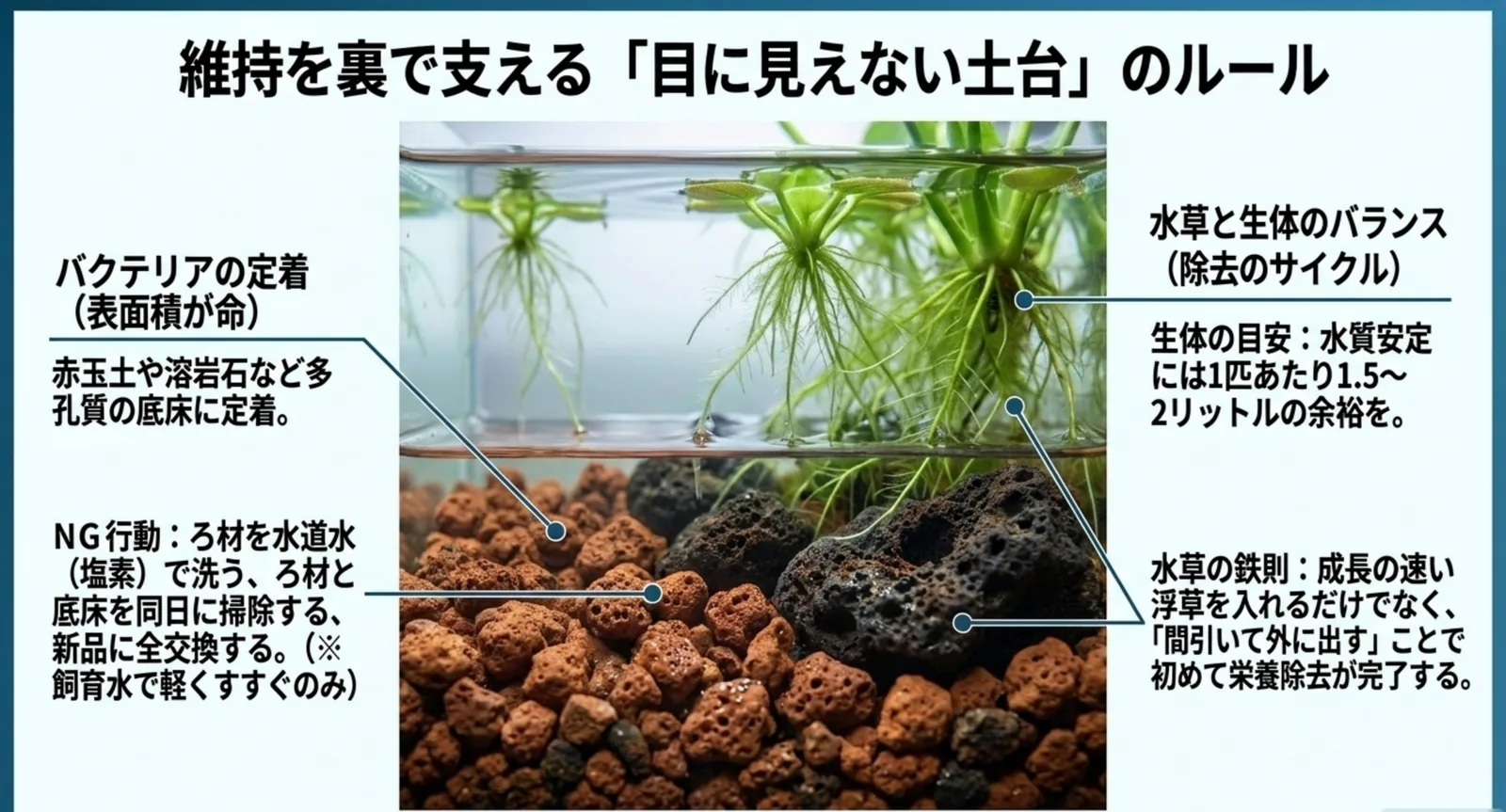 多孔質の底床と浮草の根を示し、ろ材掃除で避けたい行動を並べた図解