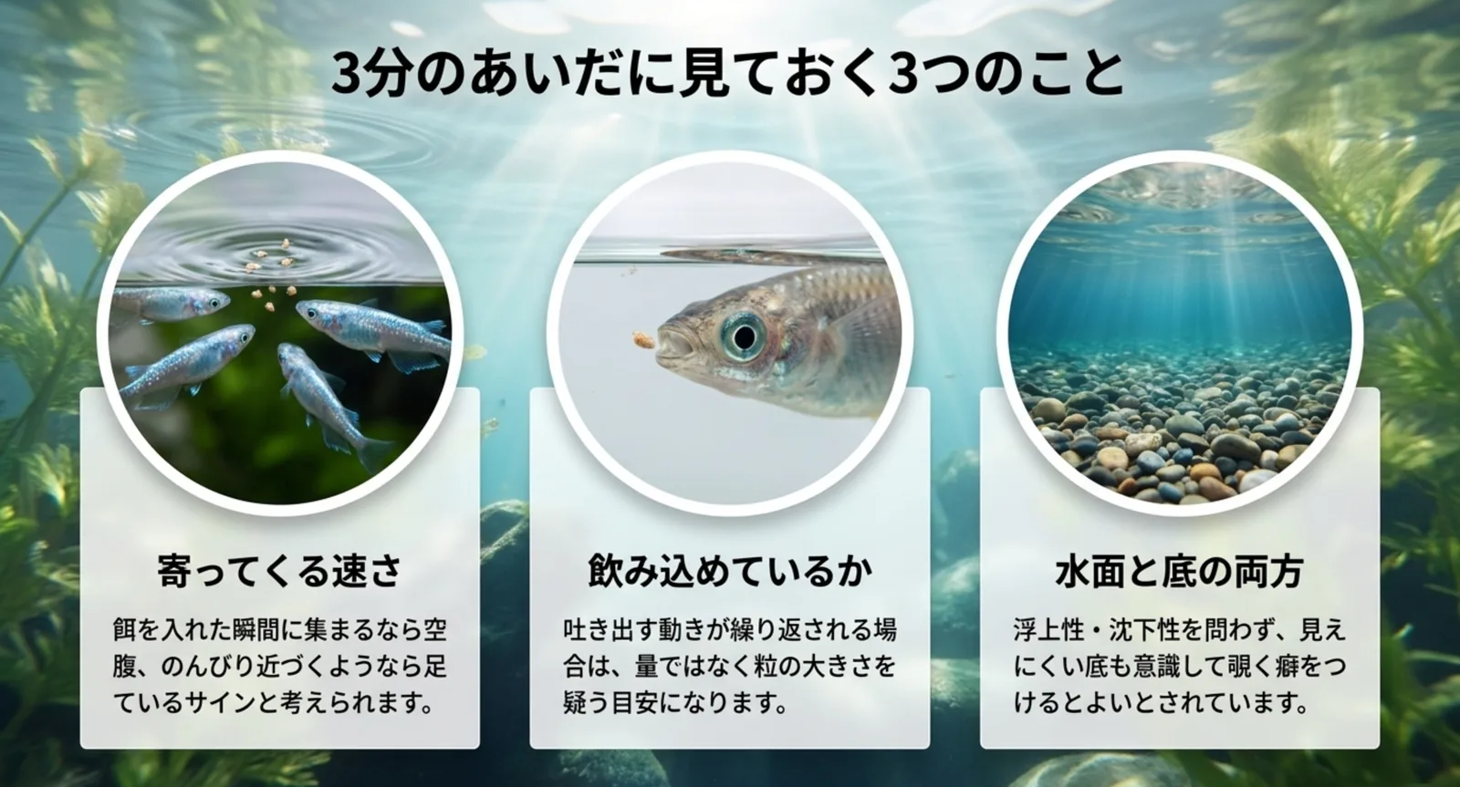 餌を入れてからの3分間に見る、寄ってくる速さ・飲み込めているか・水面と底の両方という3つの観察点を並べたスライド