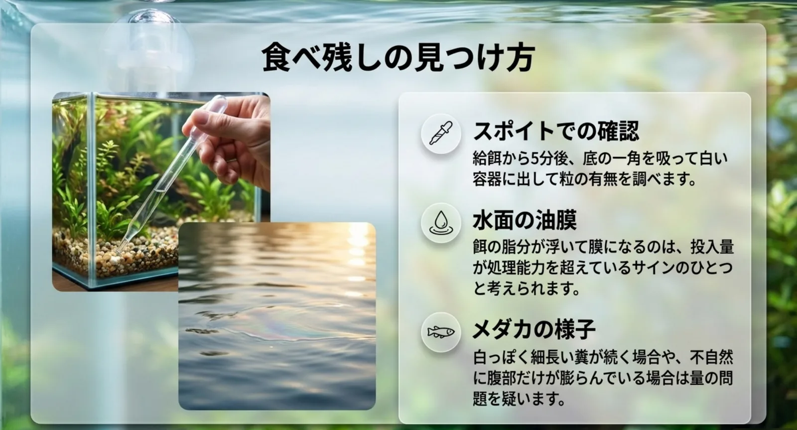 スポイトで底を確認する方法、水面の油膜、メダカの糞や体つきという食べ残しを見つける3つの手がかりを示したスライド
