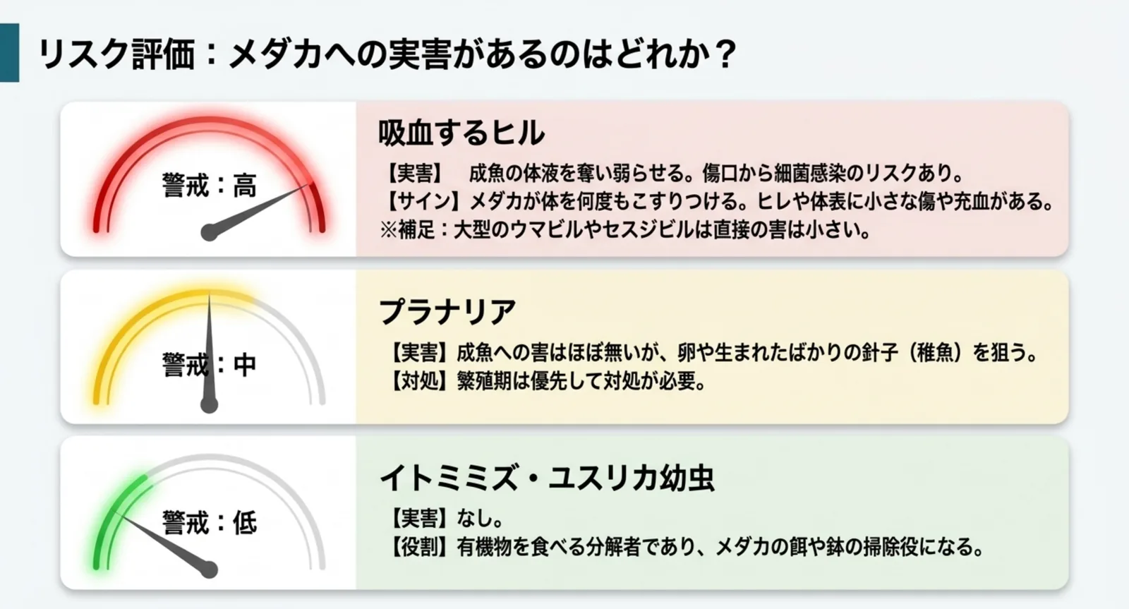 吸血するヒル、プラナリア、イトミミズとユスリカ幼虫を警戒度の高中低で並べた図解