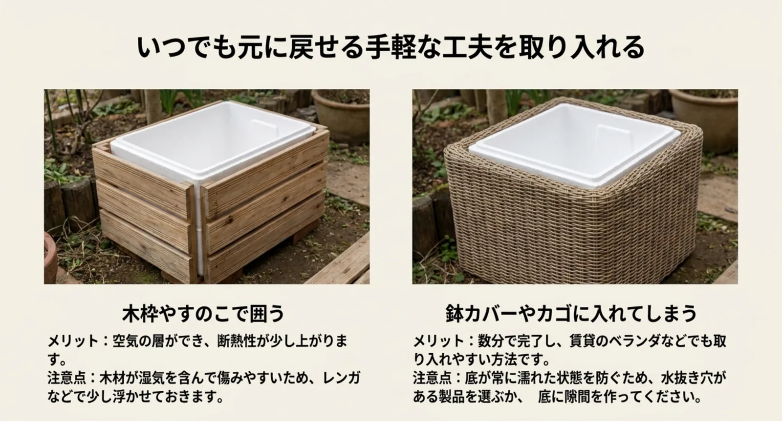木枠で囲んだ容器とラタン調のカゴに入れた容器を並べ、それぞれの利点と注意点を示したスライド