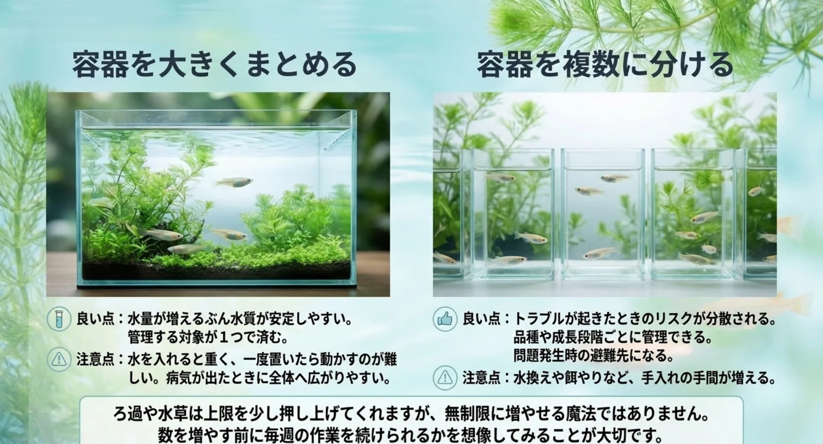容器を大きくまとめる場合と複数に分ける場合について、それぞれの良い点と注意点を並べて比較したスライド