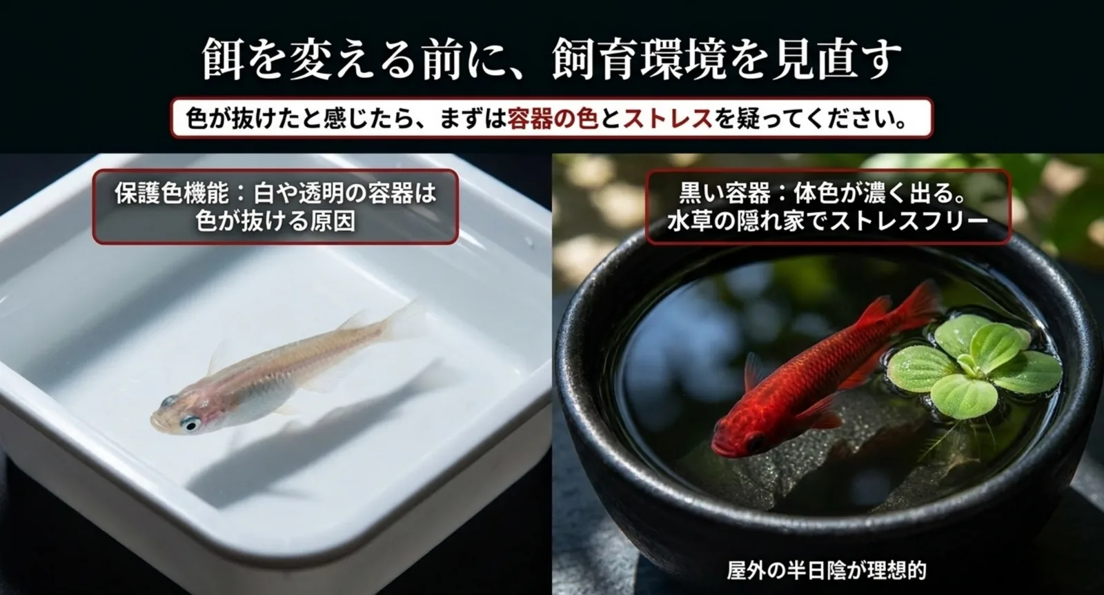 白い容器で色が薄いメダカと黒い容器で赤が濃く出たメダカを並べ、容器の色とストレスが体色に与える影響を対比したスライド