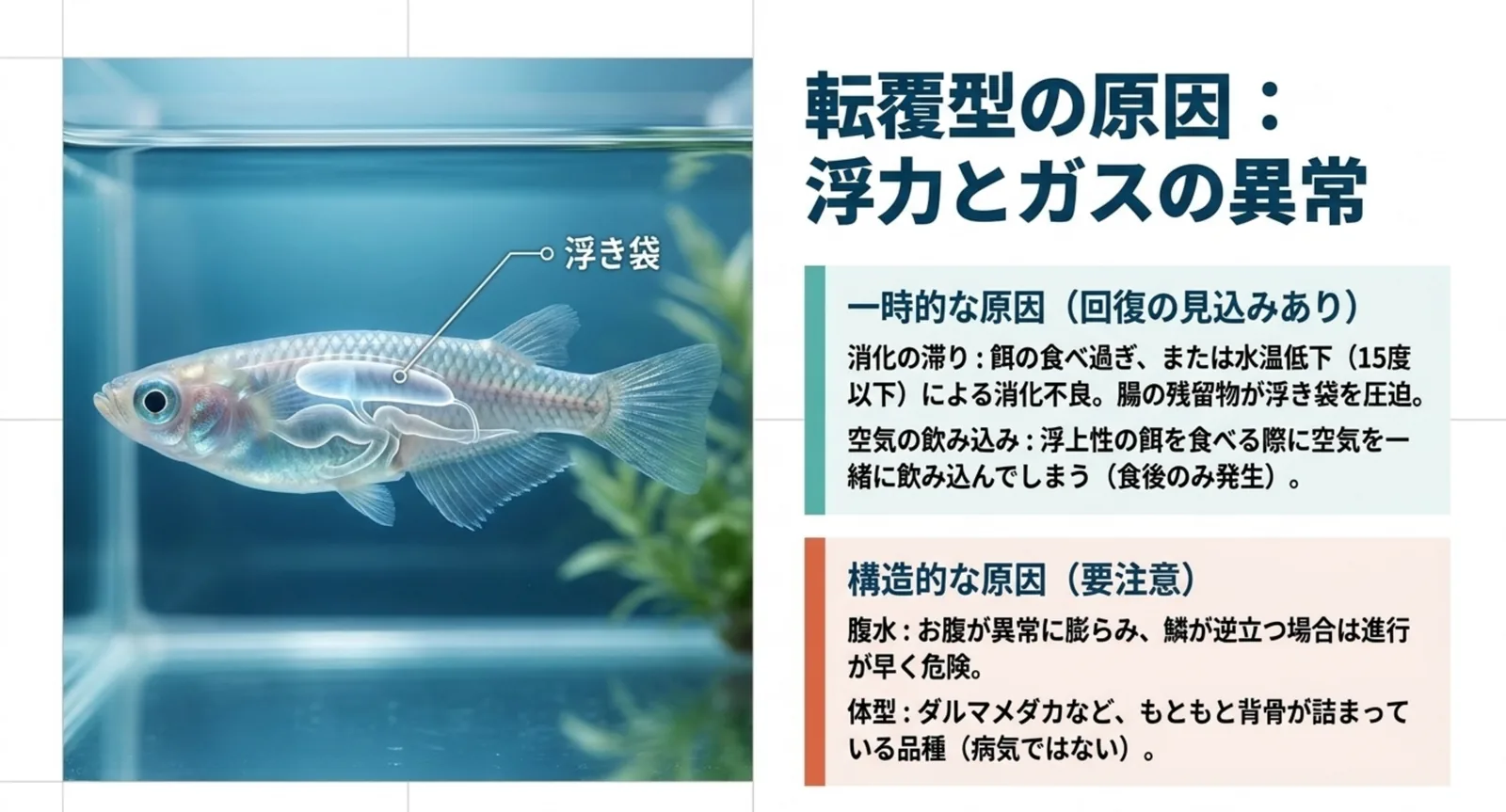 浮き袋の位置を示し、一時的な原因と構造的な原因を対比した図解