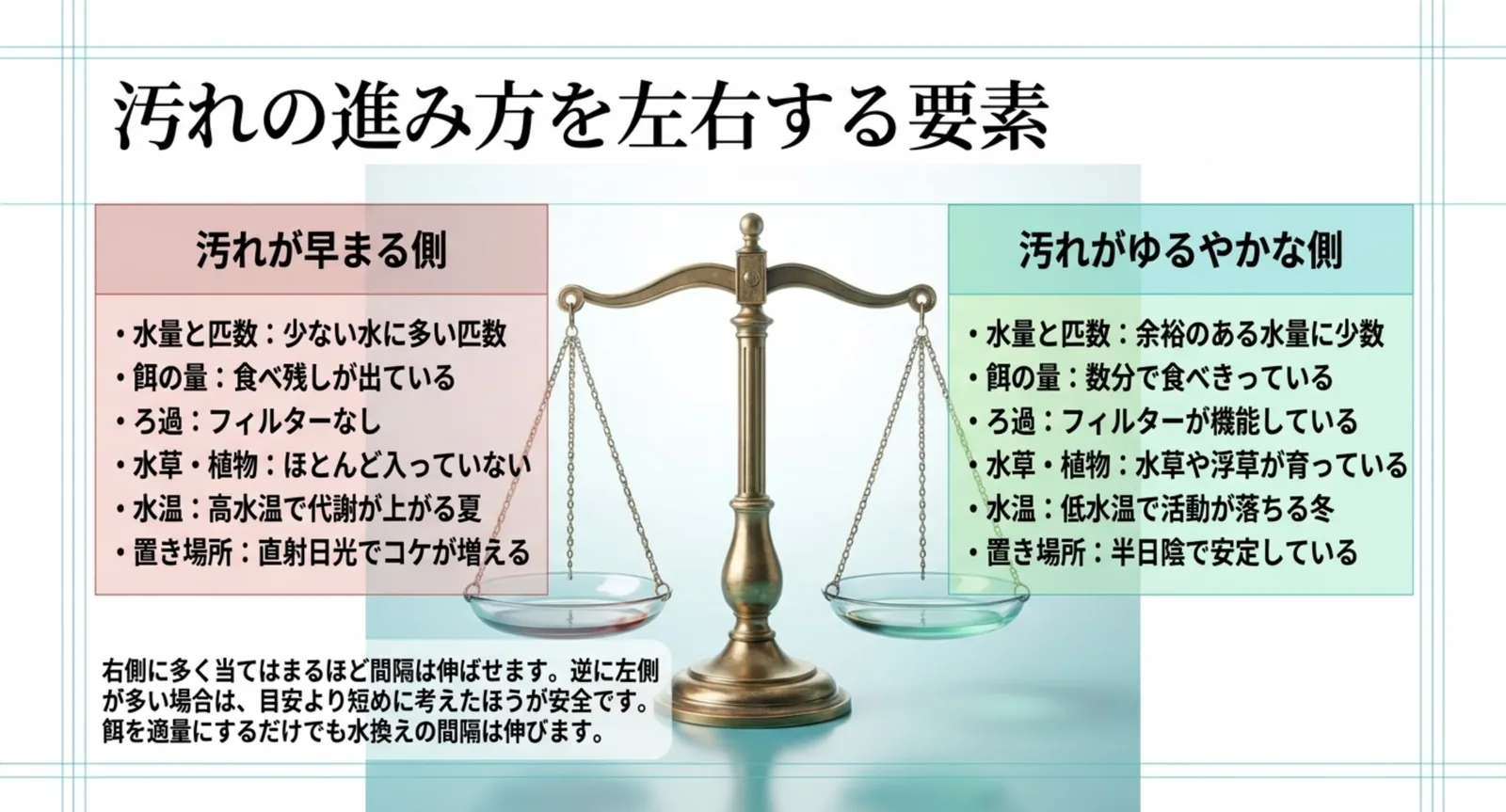 水量と匹数・餌の量・ろ過・水草・水温・置き場所について、汚れが早まる側とゆるやかな側を天秤で対比したスライド