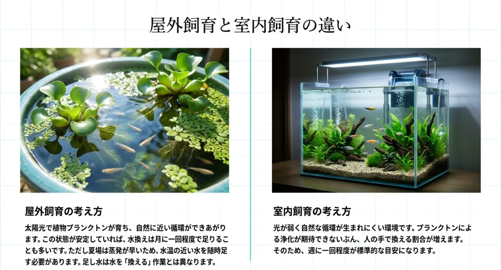 屋外の容器と室内の水槽を並べ、それぞれの浄化のしくみと水換えの位置づけの違いを説明したスライド