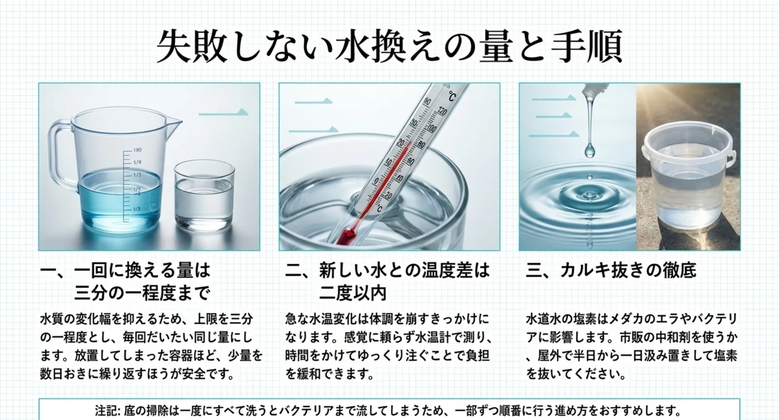 1回に換える量は3分の1程度まで、温度差は2度以内、カルキ抜きの徹底という3つの手順を並べたスライド