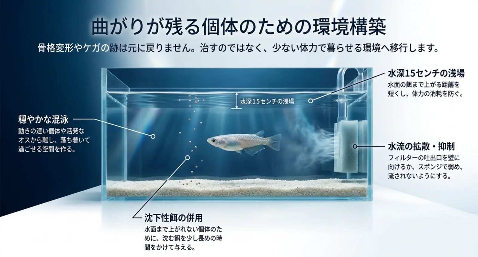 水深を浅くし水流を弱めた水槽で穏やかに泳ぐメダカの環境調整の図解
