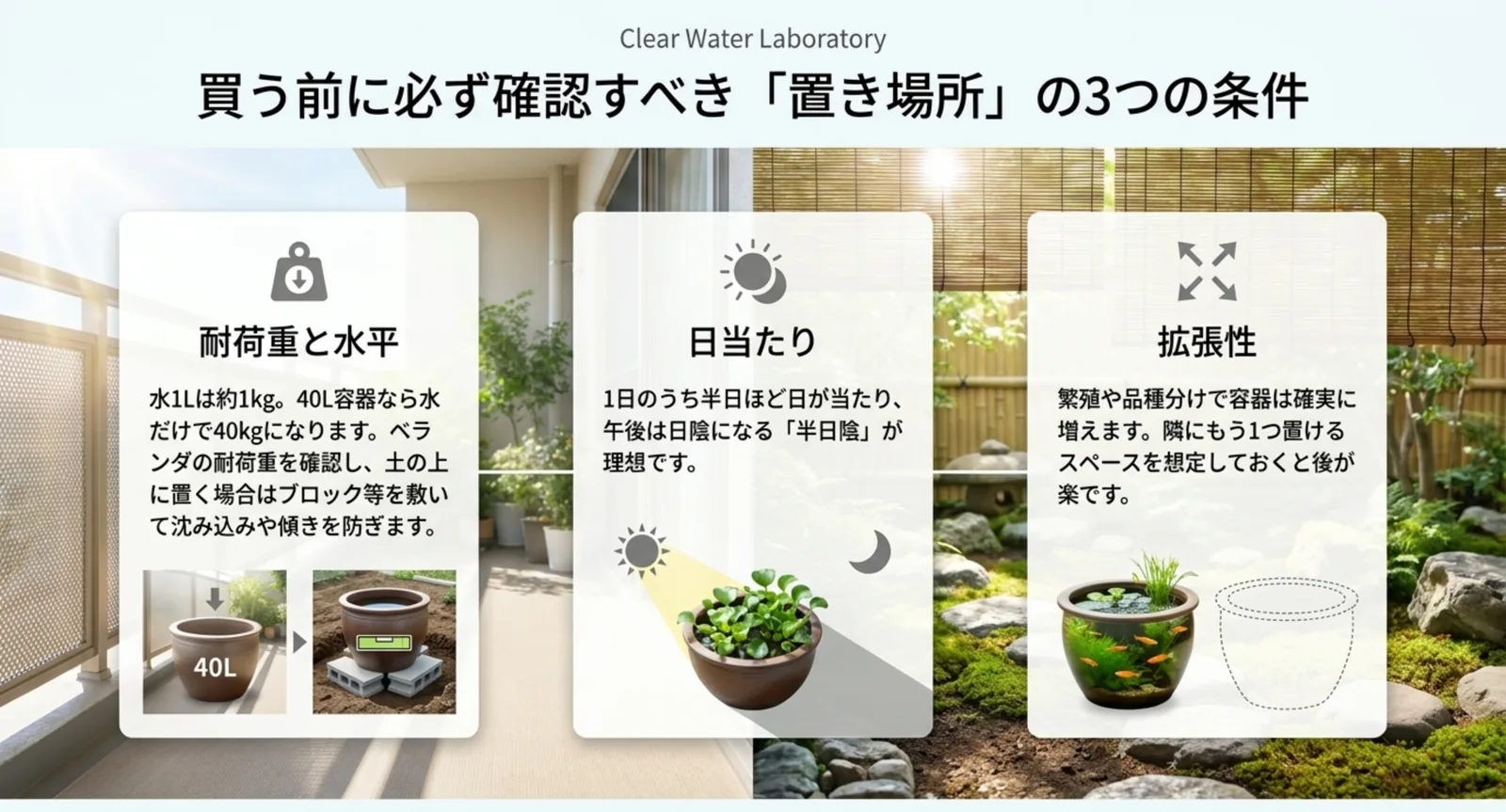 耐荷重と水平・日当たり・拡張性という置き場所の3つの確認ポイントを、ベランダと庭の写真とともに並べたスライド