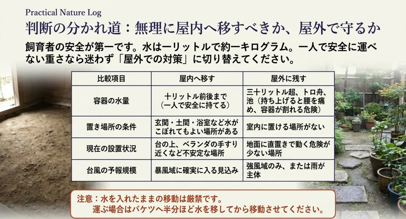容器の水量・置き場所の条件・現在の設置状況・台風の予報規模の4項目で、屋内へ移す場合と屋外に残す場合を比べた表