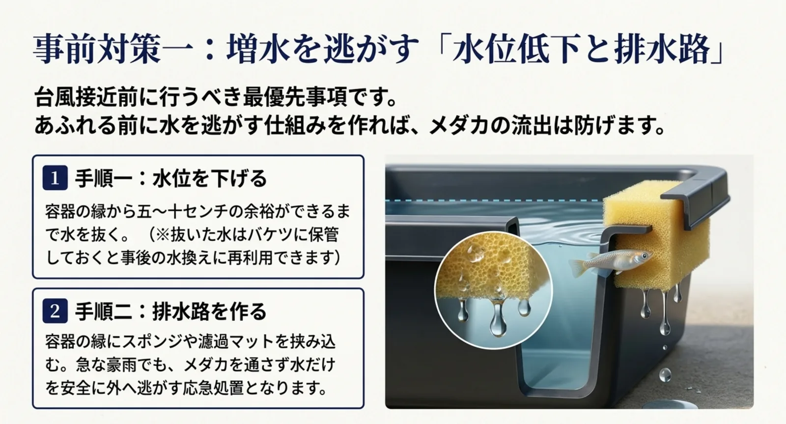 容器の縁から5〜10cm水位を下げ、縁にスポンジやろ過マットを挟んで水だけを外へ逃がす仕組みを示した図