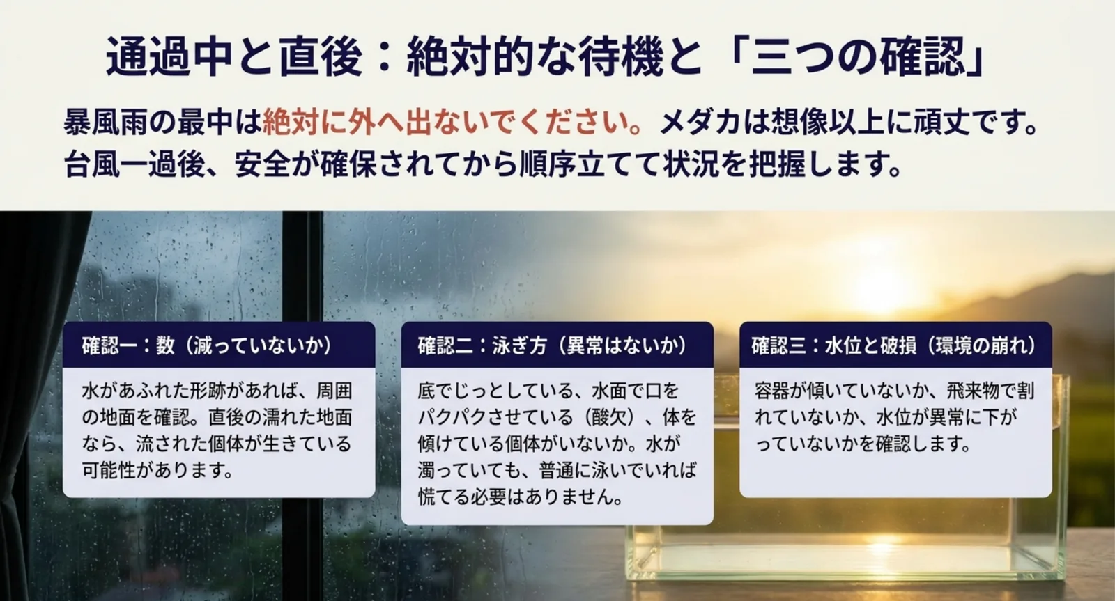 暴風雨のあいだは外へ出ず、通過後に数・泳ぎ方・水位と破損の順で確認する流れを3つのカードで示した図