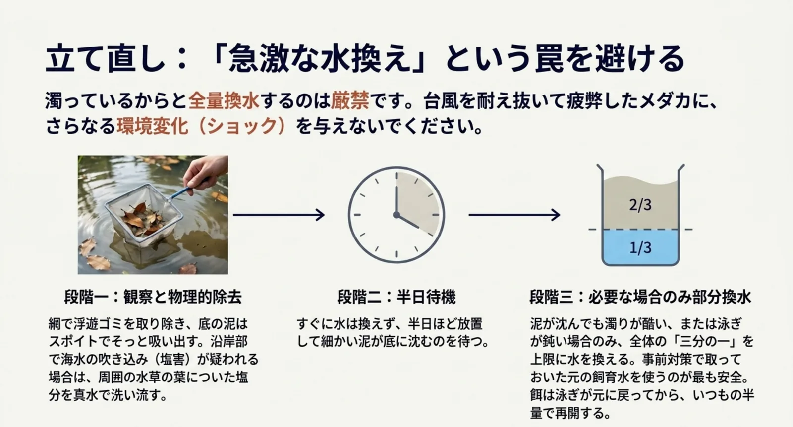 網でゴミを取り除き、半日待って泥を沈め、必要な場合だけ3分の1を換水する3段階の流れを矢印で示した図