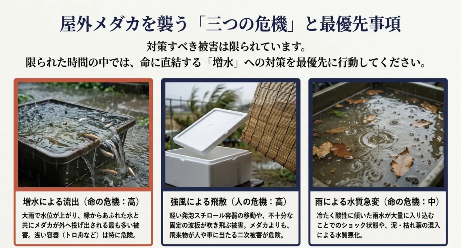 増水による流出・強風による飛散・雨による水質急変という台風時の3つの被害を、屋外容器の写真とともに並べた図