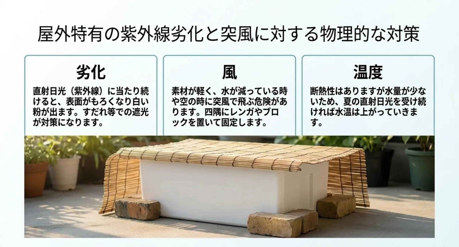 紫外線による表面の劣化はすだれで遮光し、軽さによる飛散はレンガで固定し、水量が少ないため夏は水温が上がる点を三つ並べて説明したスライド