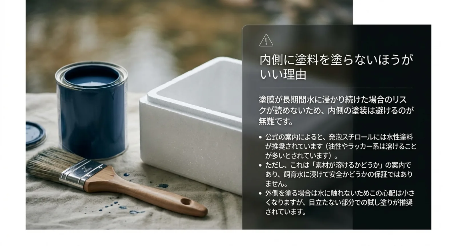 塗料の缶と刷毛と発泡スチロール箱の写真に、公式案内は素材が溶けるかどうかの案内であり飼育水での安全性の保証ではないという注意を重ねたスライド
