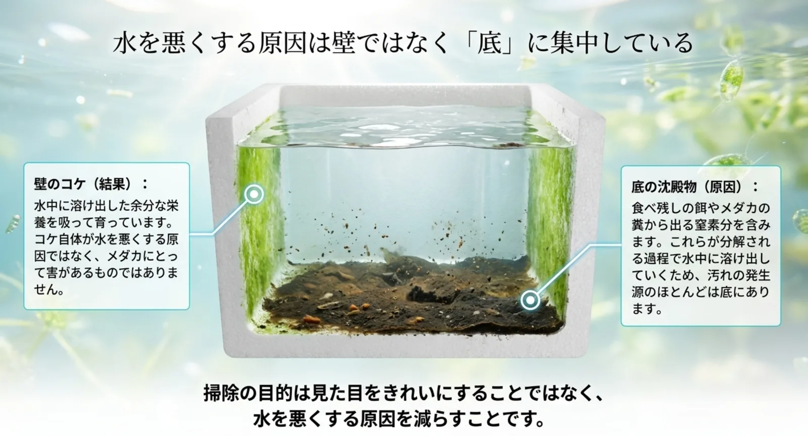 発泡スチロール容器の断面図で、底に溜まった沈殿物が汚れの原因であり壁のコケはその栄養を吸った結果であることを示したスライド