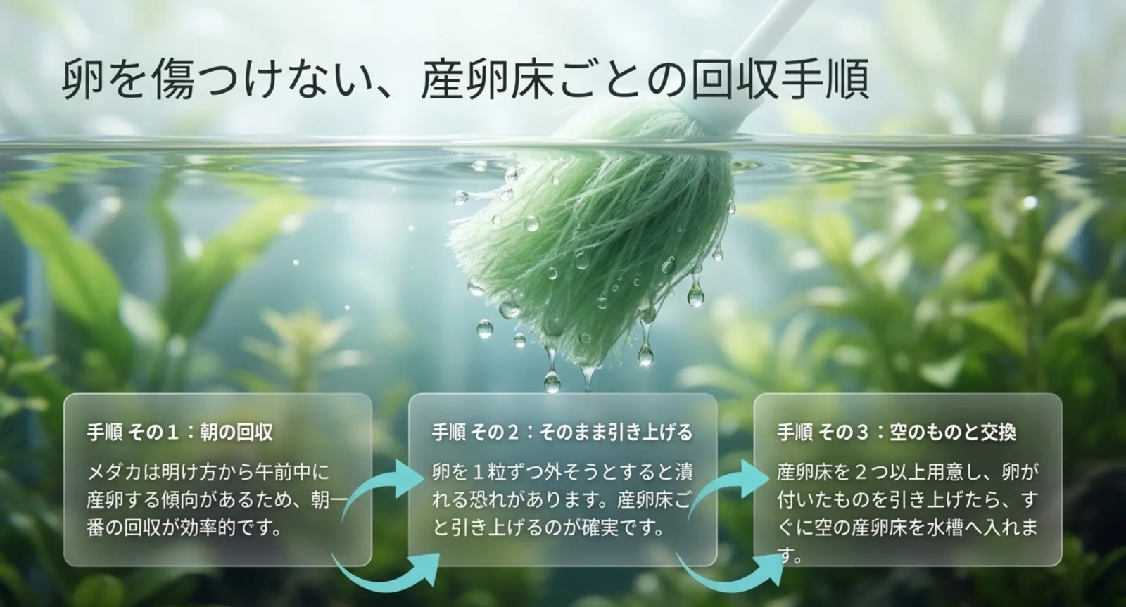 水面から引き上げられた産卵床の写真と、朝に回収する・卵を外さず産卵床ごと引き上げる・空の産卵床と交換するという3手順を示した図