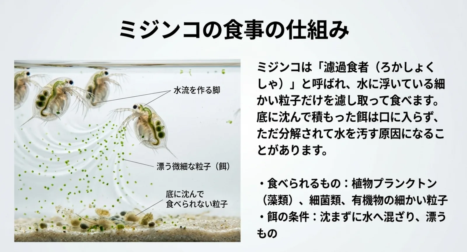 ミジンコが脚で水流を作り漂う微細な粒子を濾し取る仕組みと、底に沈んで食べられない粒子を示した図解スライド