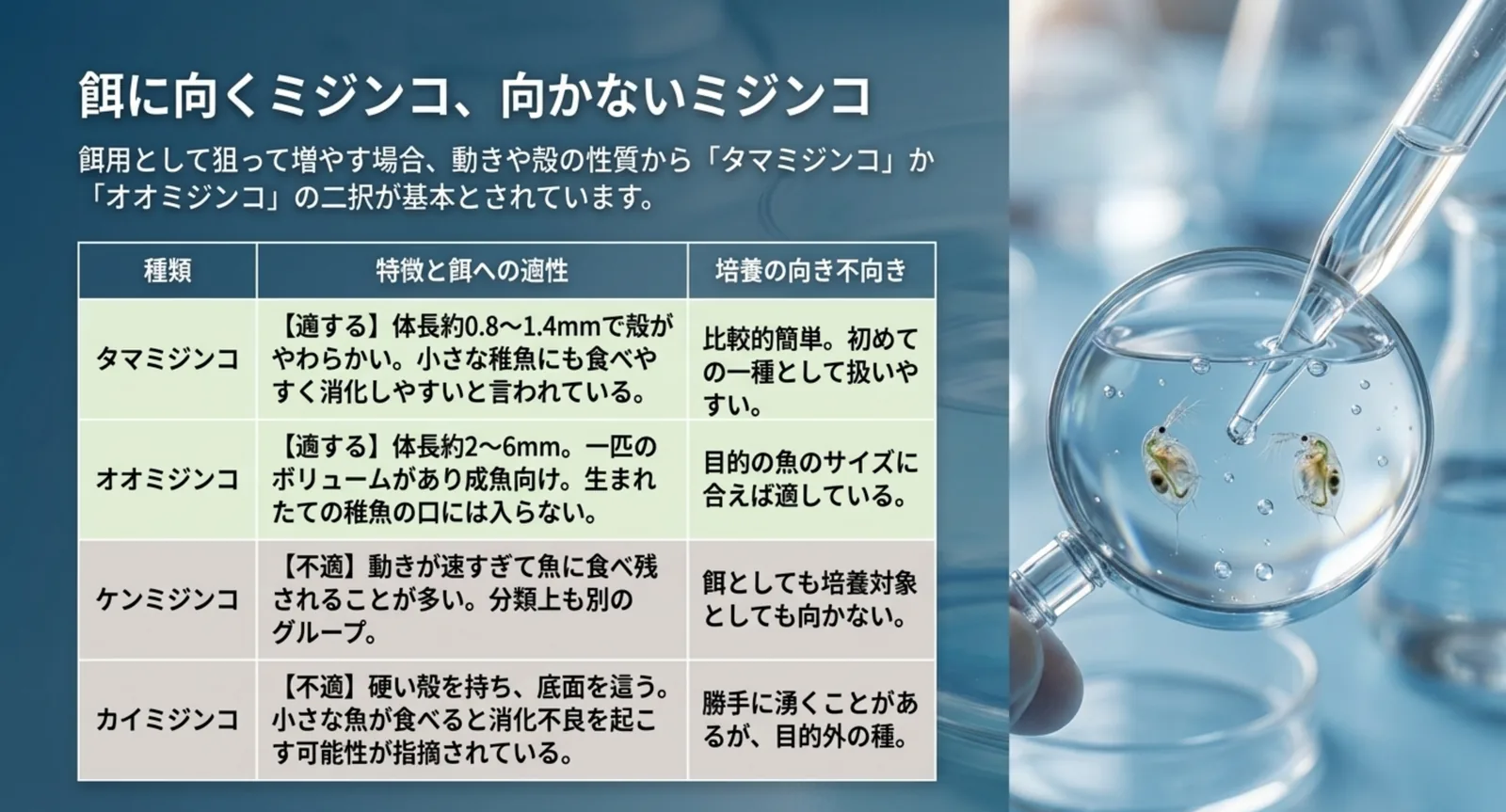 タマミジンコ・オオミジンコ・ケンミジンコ・カイミジンコの体長と餌への適性を比較した表のスライド