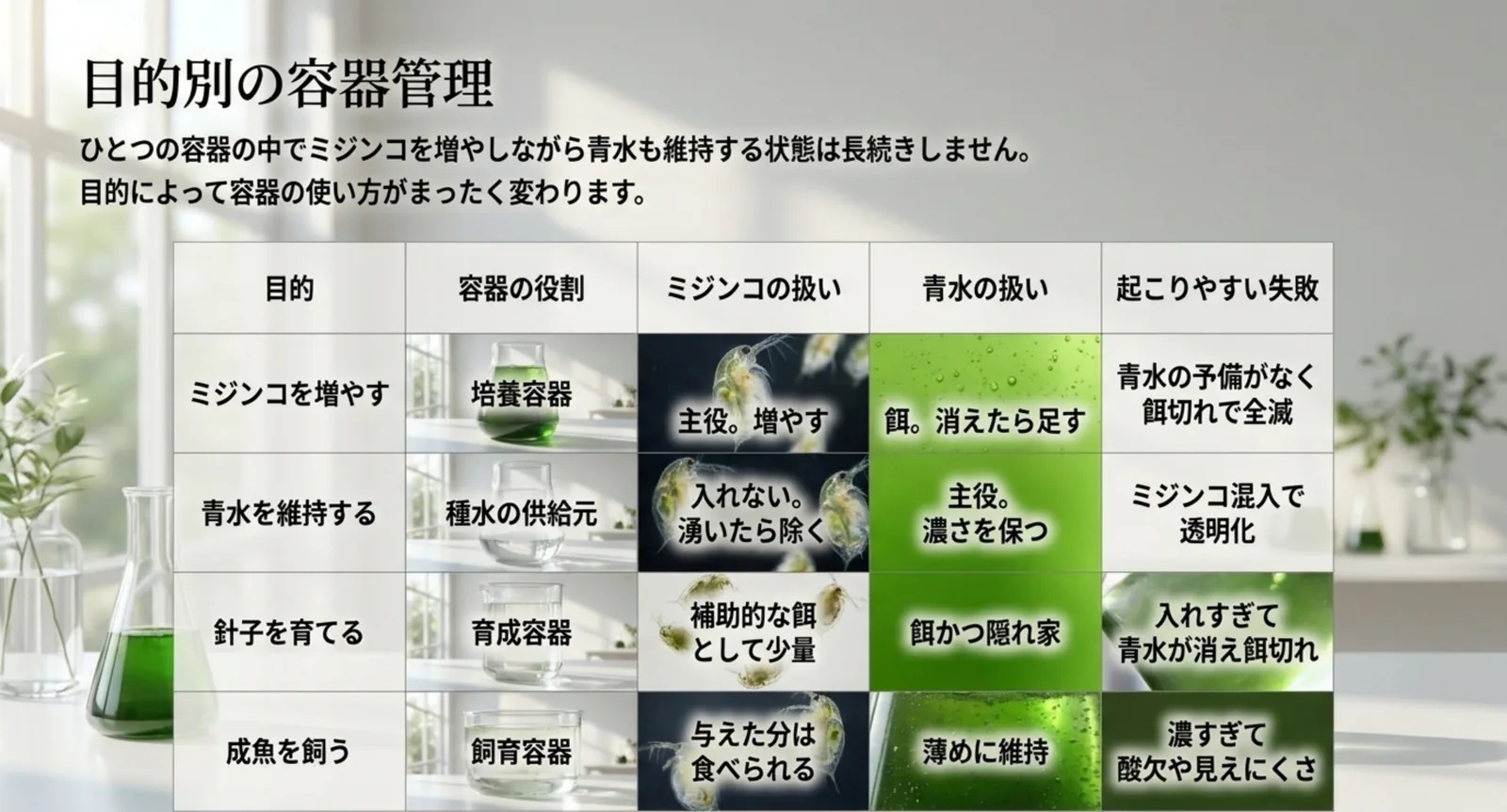 ミジンコを増やす、青水を維持する、針子を育てる、成魚を飼うという目的ごとに容器の役割と起こりやすい失敗を比べた表