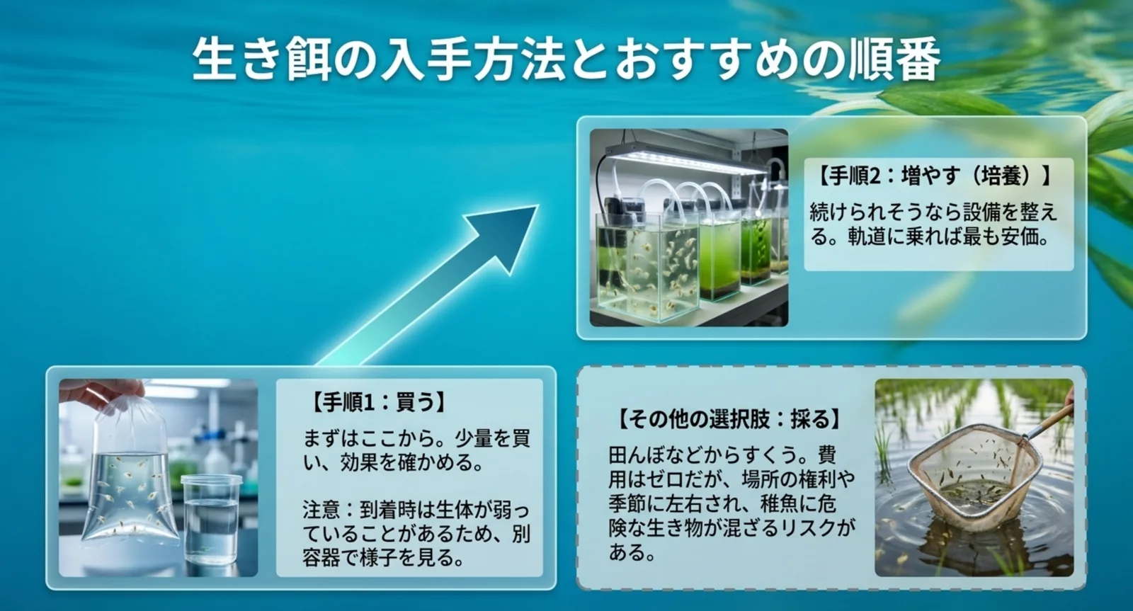 まず買って効果を確かめ、続けられそうなら培養へ進む流れと、採取という選択肢の注意点を示した図