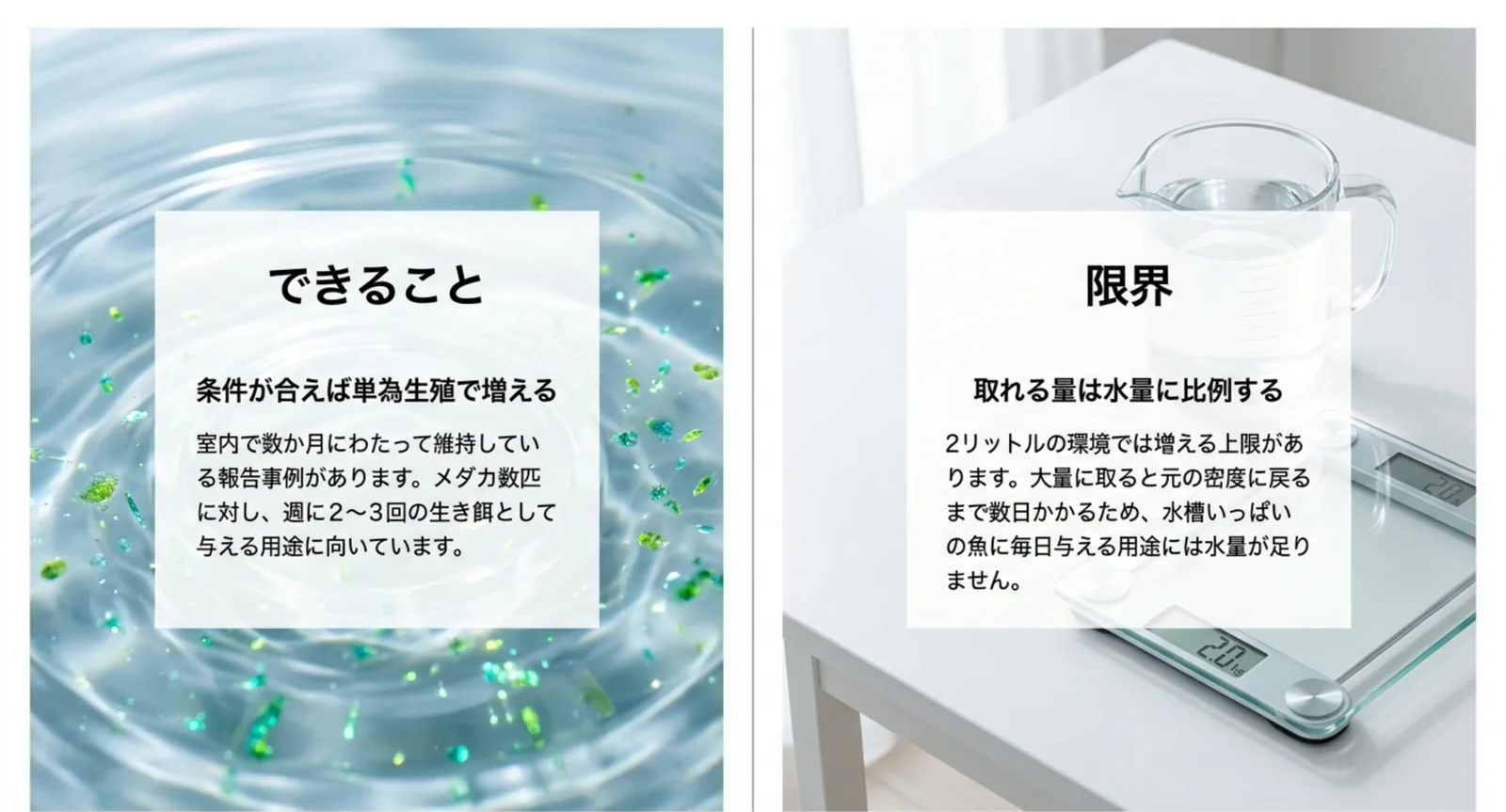 ペットボトルでも単為生殖で増えることと、取れる量が水量に比例して上限があることを左右に並べたスライド