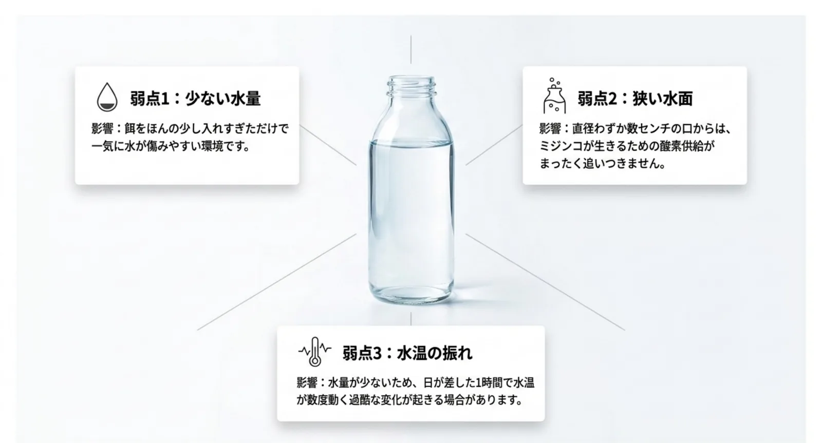 少ない水量・狭い水面・水温の振れという3つの弱点と、それぞれが培養に与える影響を示した図解スライド