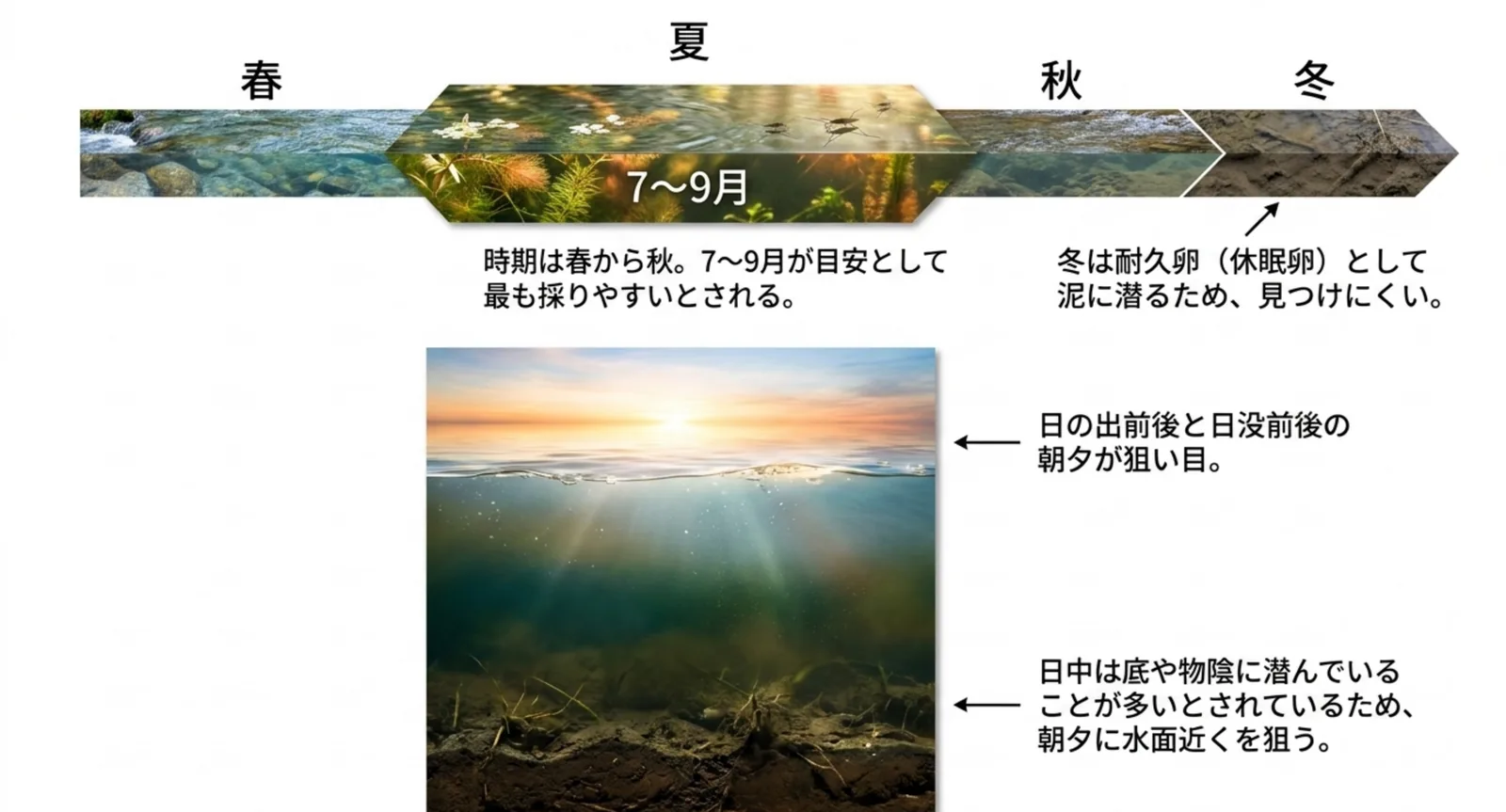 春から秋のうち7月から9月が採りやすく、冬は耐久卵で泥に潜ること、朝夕が狙い目であることを示したスライド