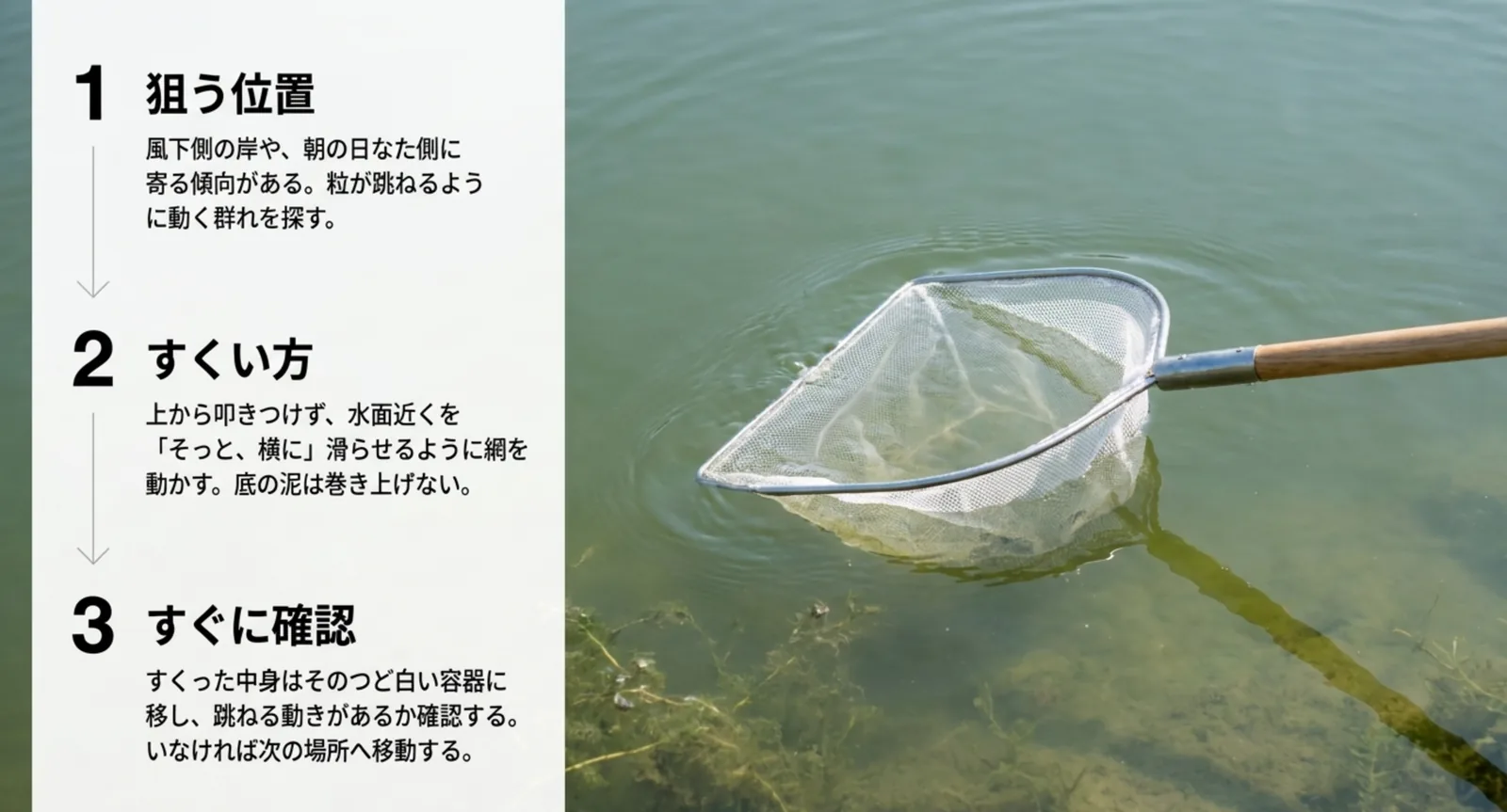 狙う位置を決め、水面近くを横に滑らせて網ですくい、すぐ白い容器で確認するという3つの手順を並べたスライド
